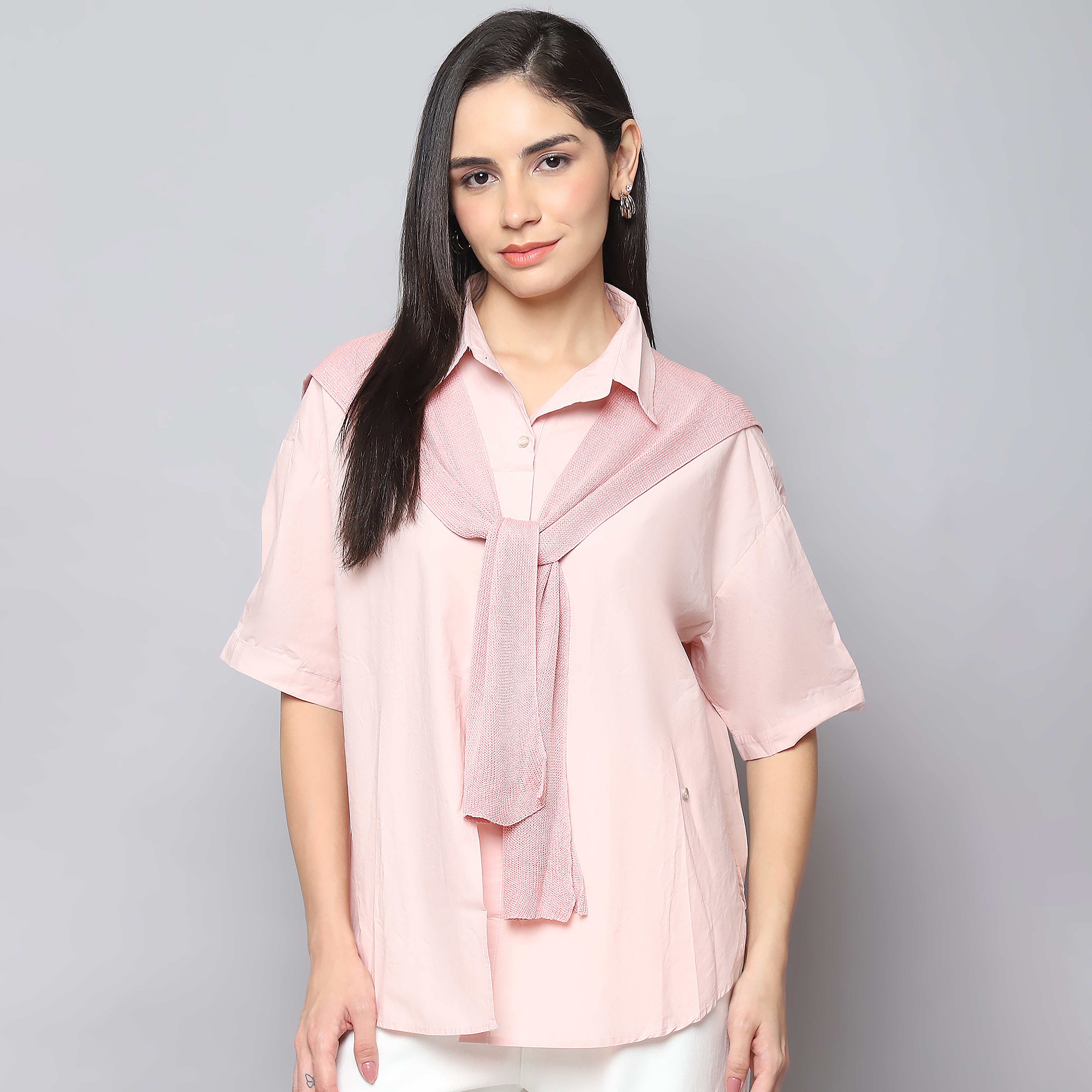 Blush Breeze Oversized Shirt with Knitted Scarf