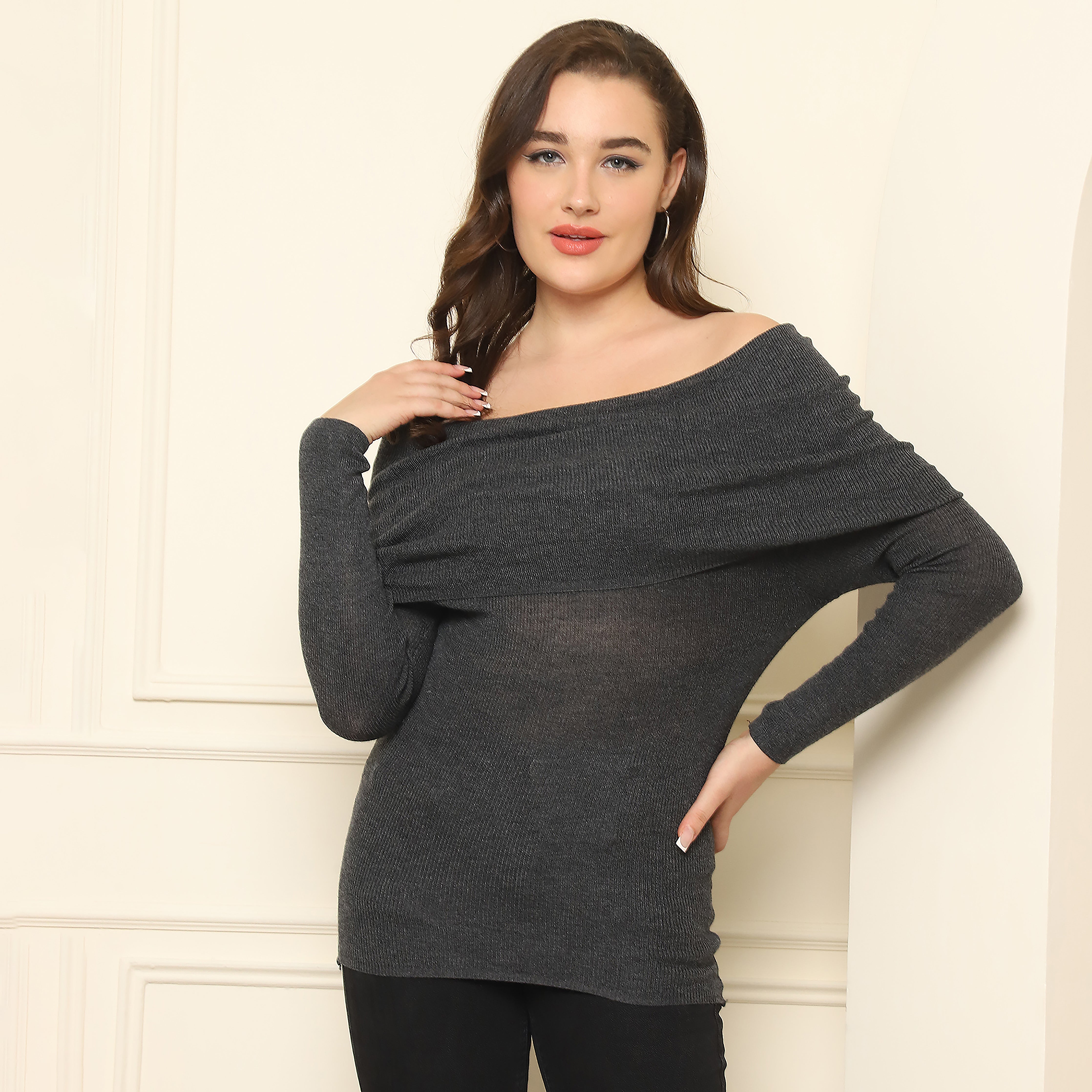 Knitted Off-Shoulder Top - Charcoal