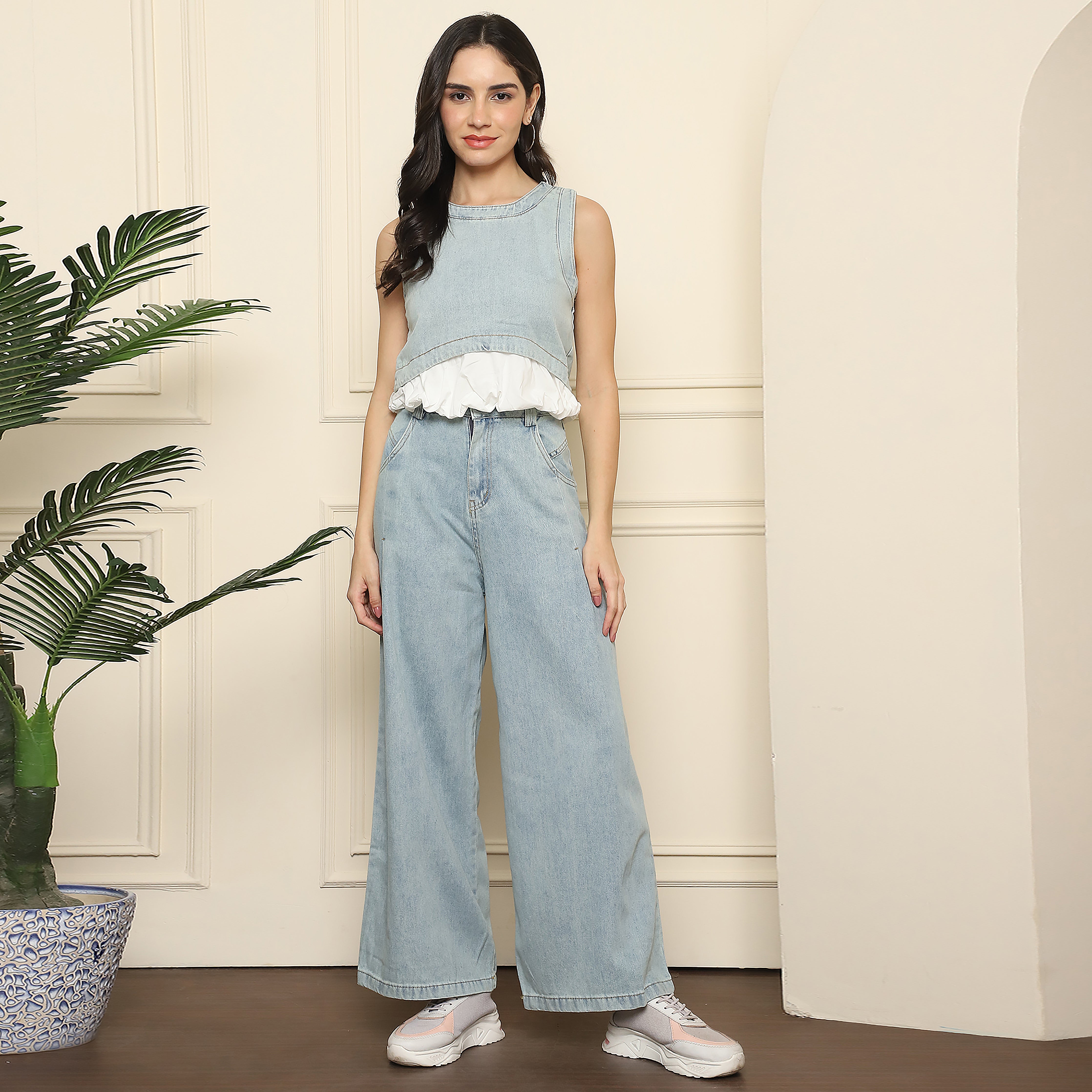 Women's Light Blue Denim Co-ord Set - Sleeveless Top & Wide-Leg Pants