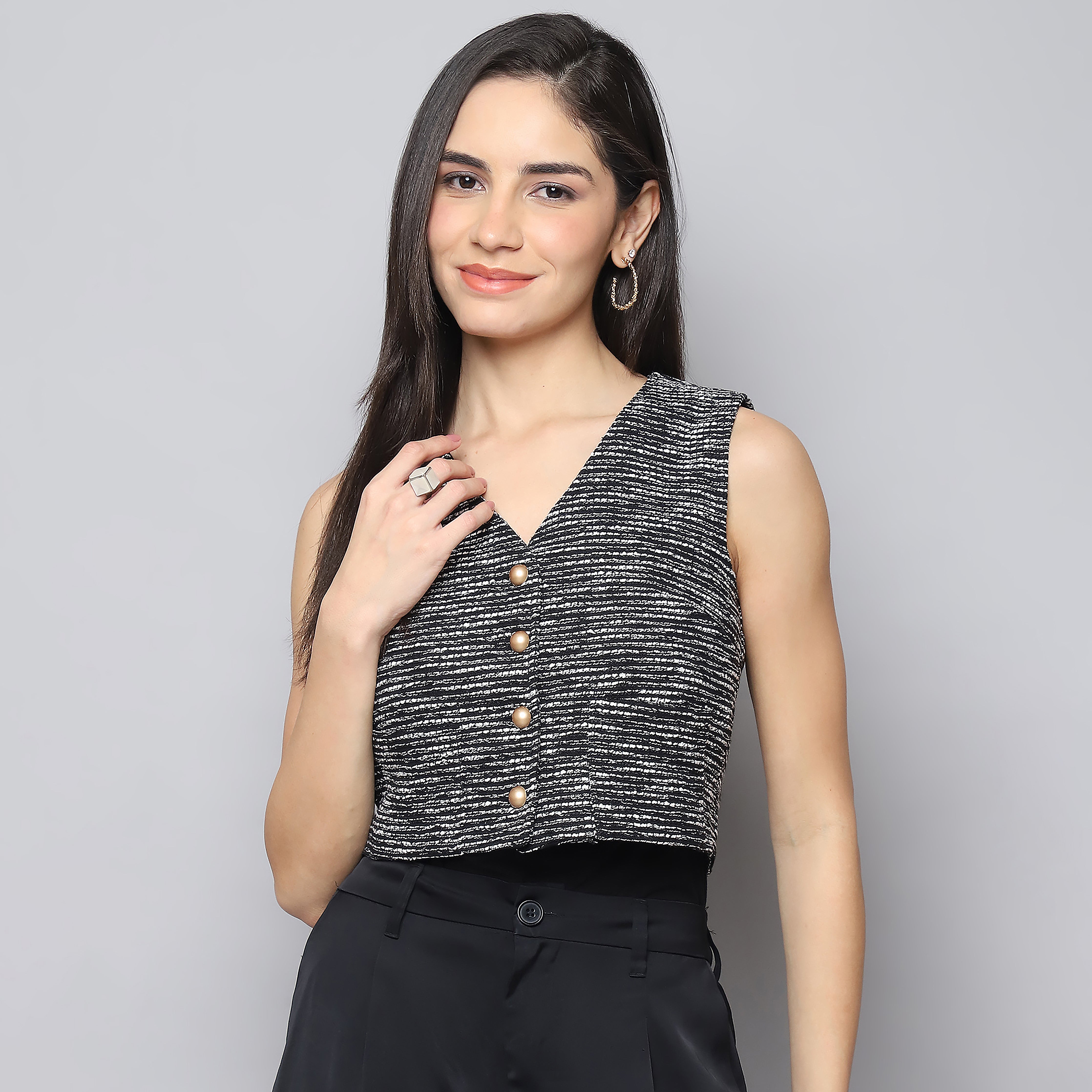 Jacquard Button-Up Vest Top – Black