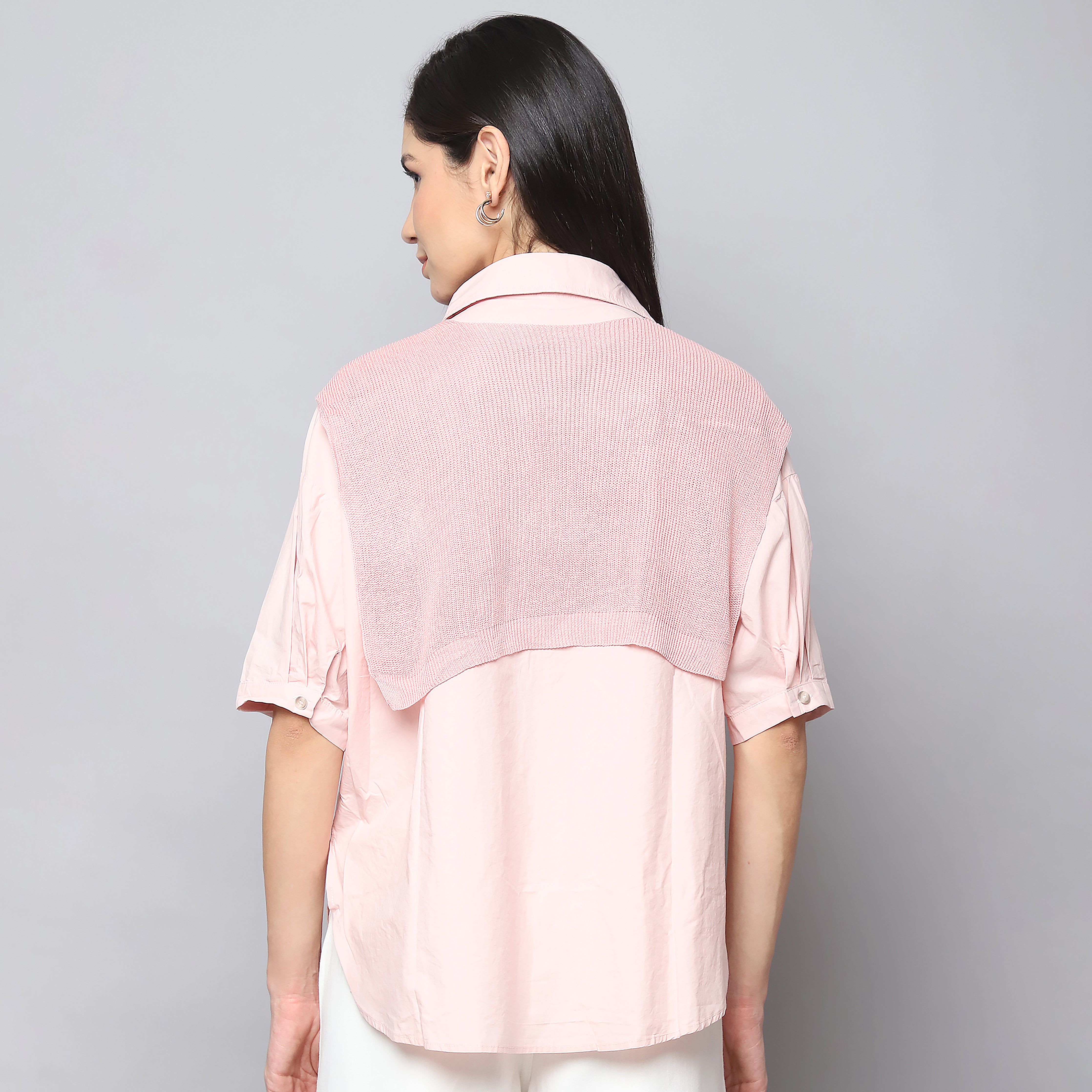 Blush Breeze Oversized Shirt with Knitted Scarf