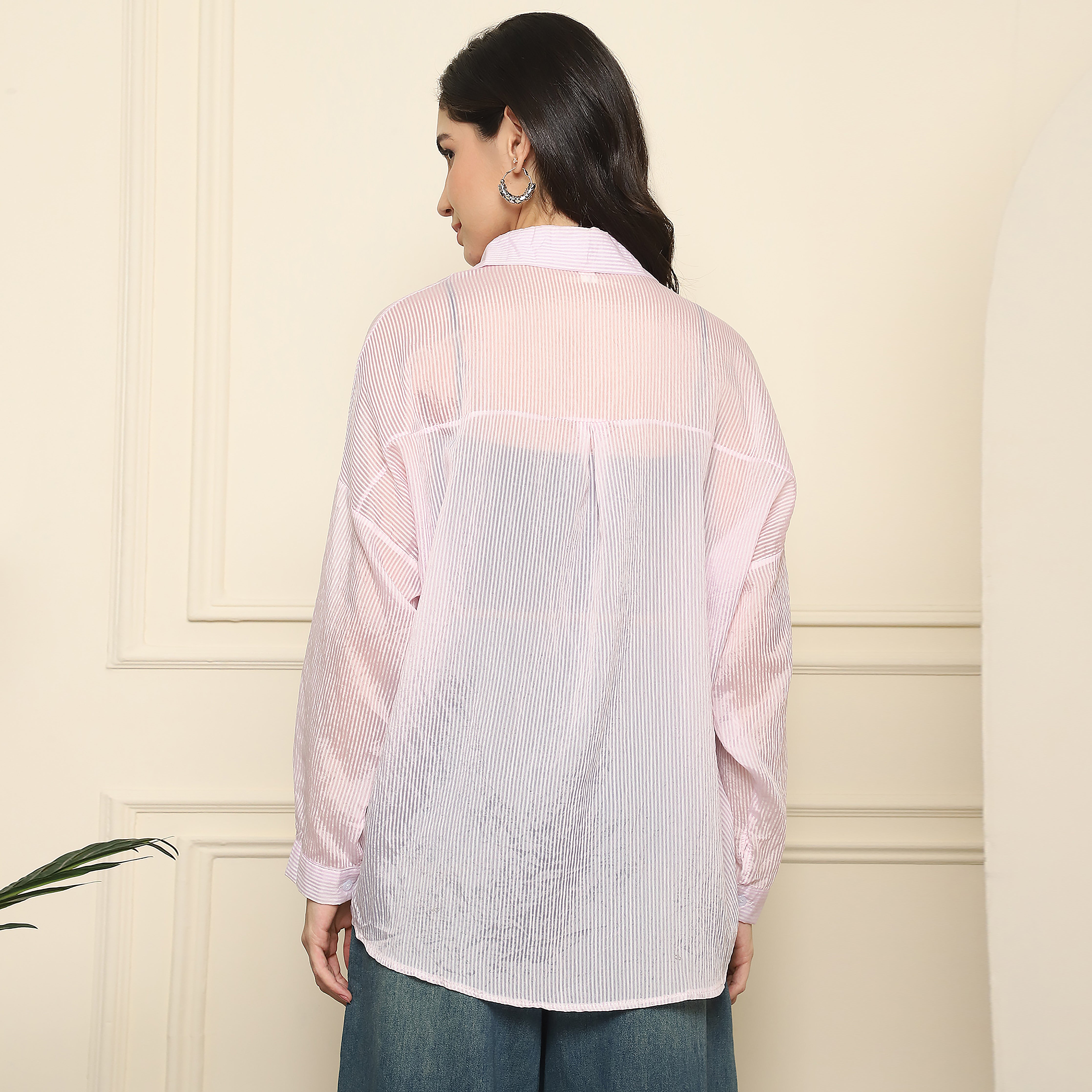 Women's Oversized Self-Striped Shirt (Baby Pink)