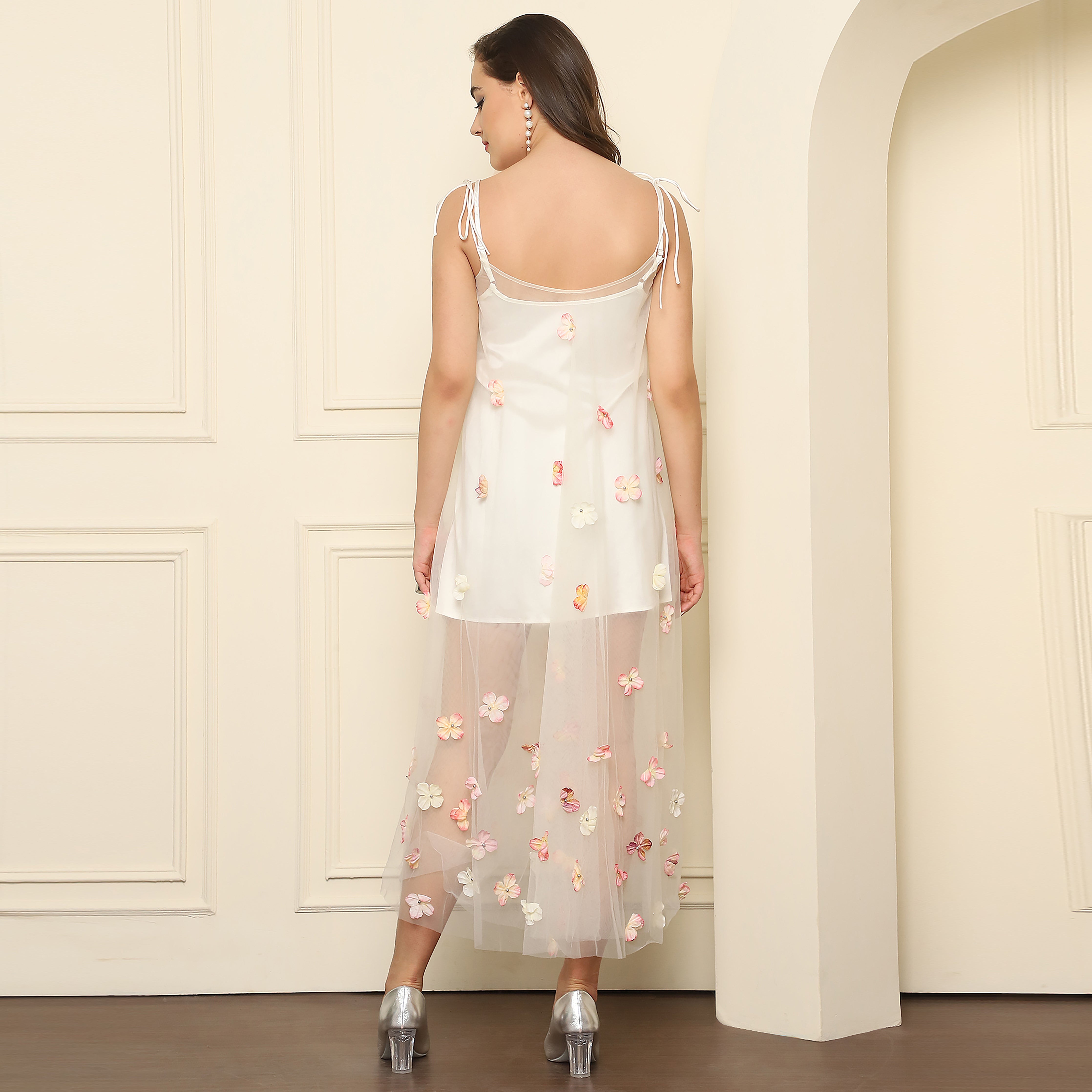 Elegant Midi Net Floral Dress – Off White