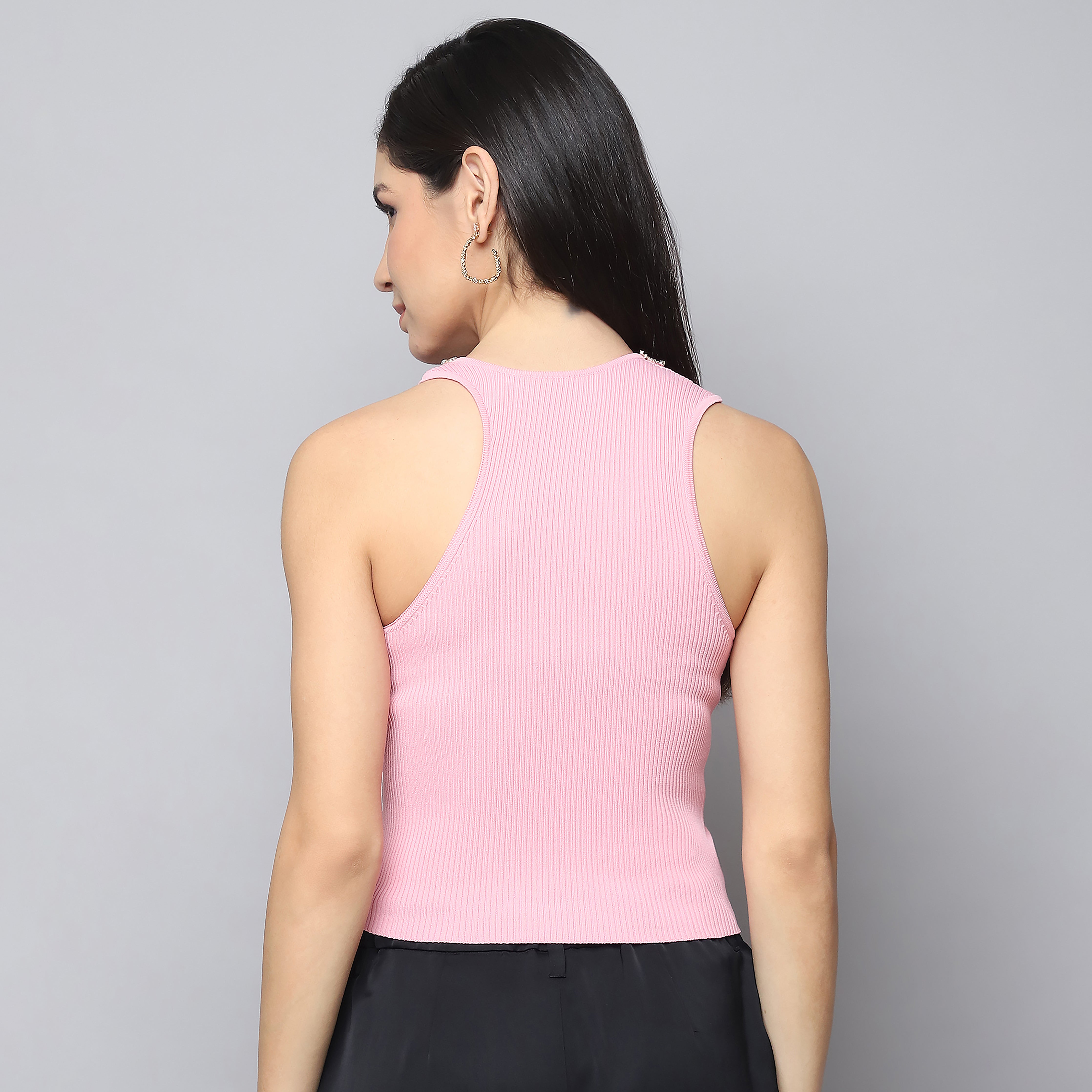 Embellished Ribbed Knitted Top – Rose Pink