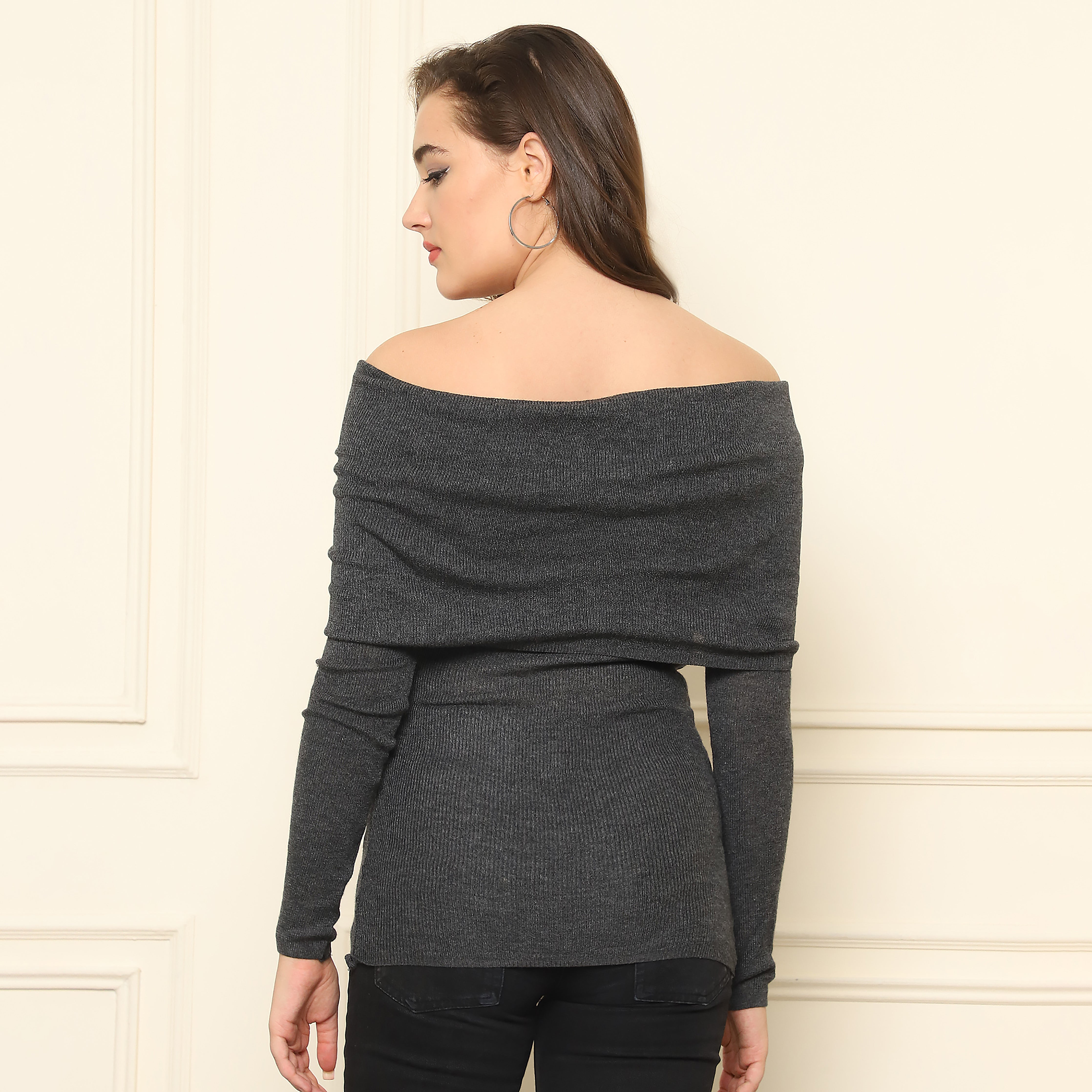 Knitted Off-Shoulder Top - Charcoal