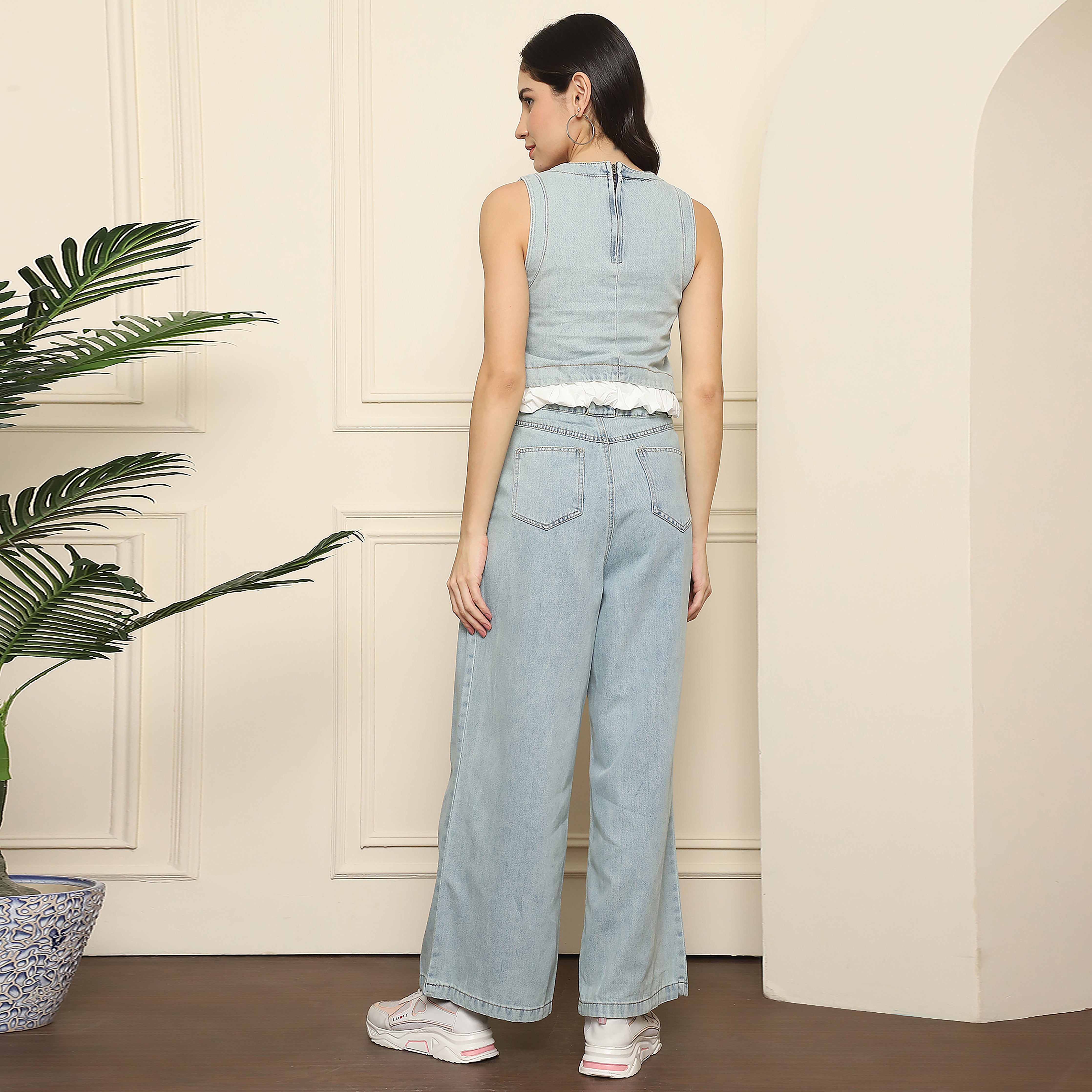 Women's Light Blue Denim Co-ord Set - Sleeveless Top & Wide-Leg Pants