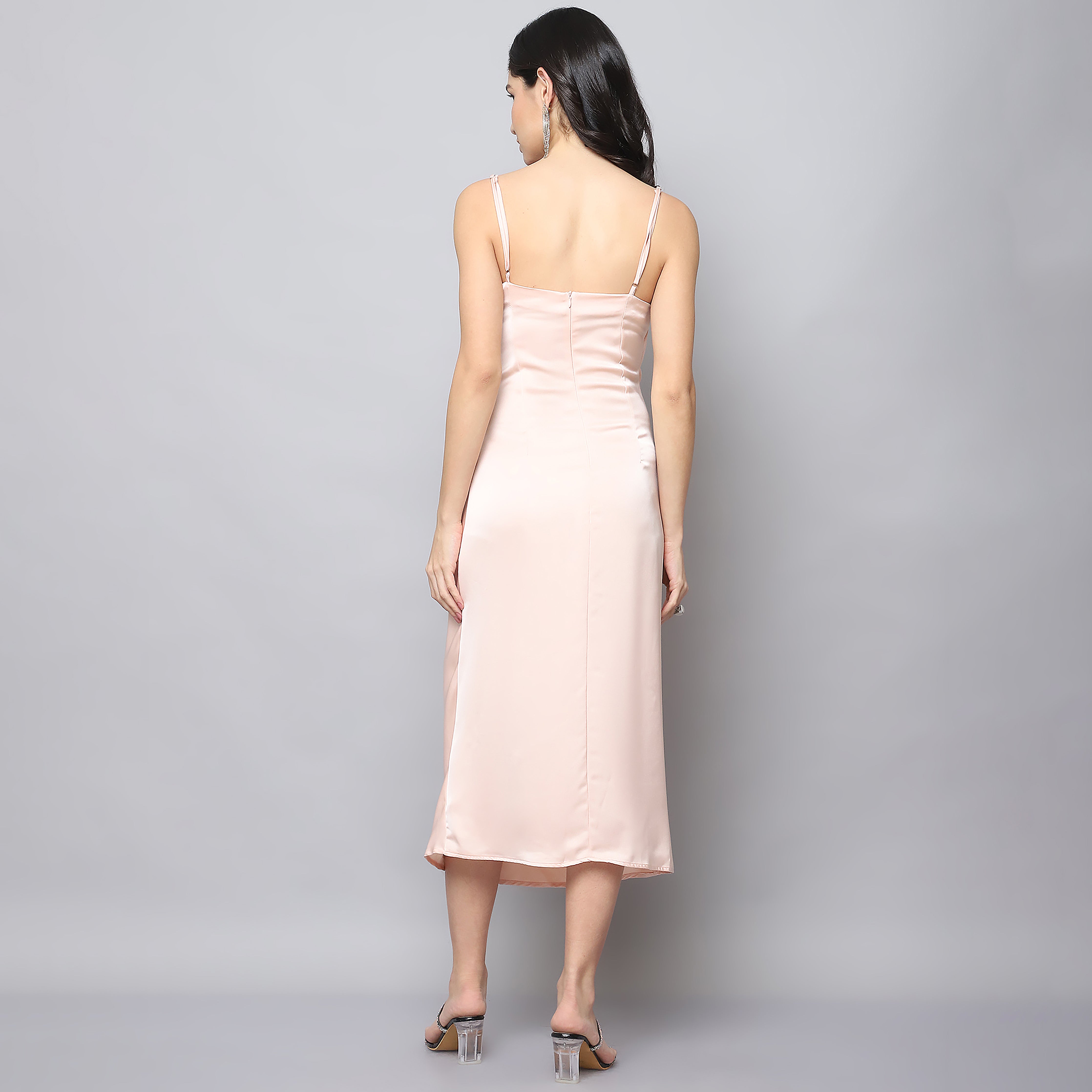 Women's Peach Pink Satin Ruched Split Bodycon Dress