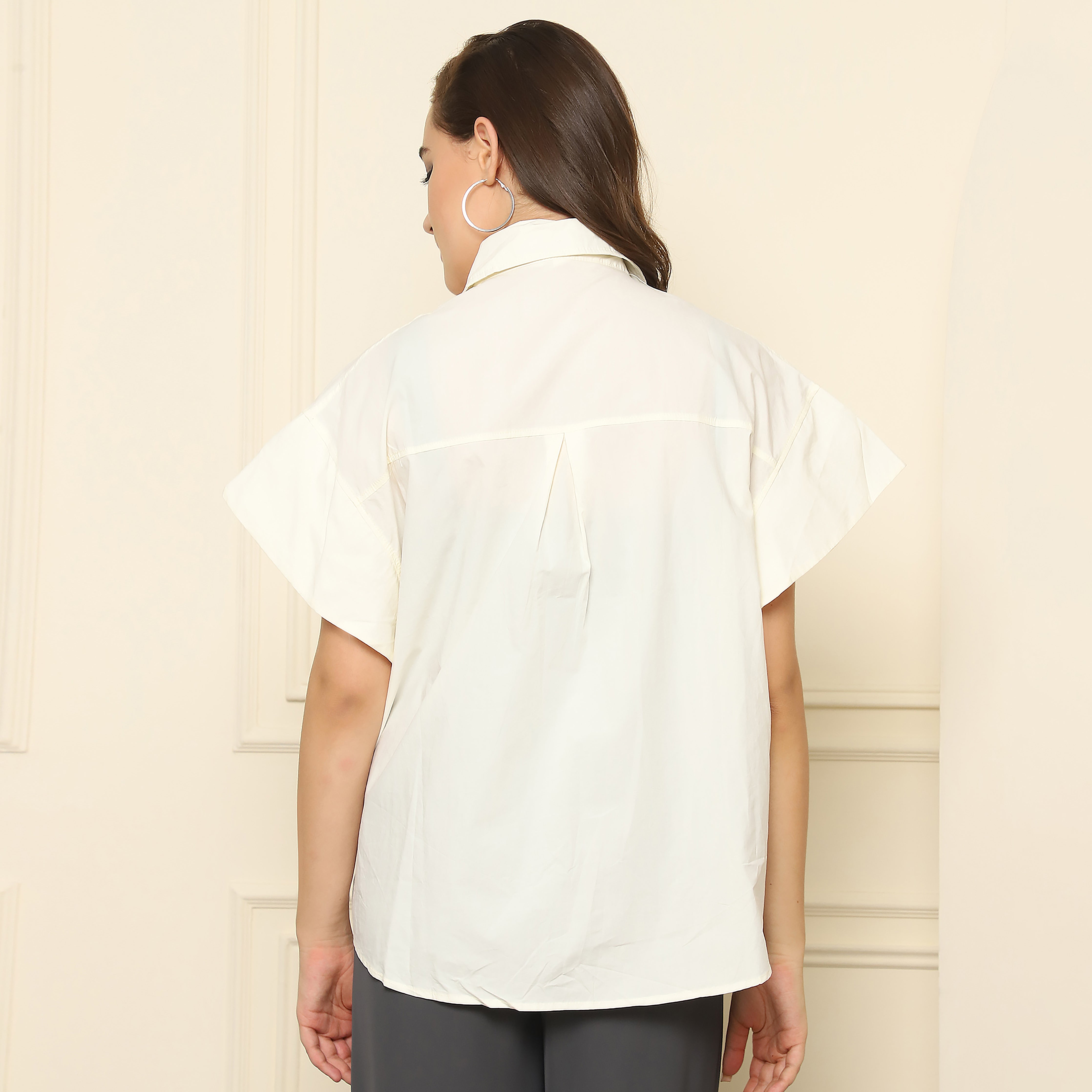 Cream Balloon Sleeve Button-Down Shirt | 100% Cotton Women's Top (S,M,L,XL)