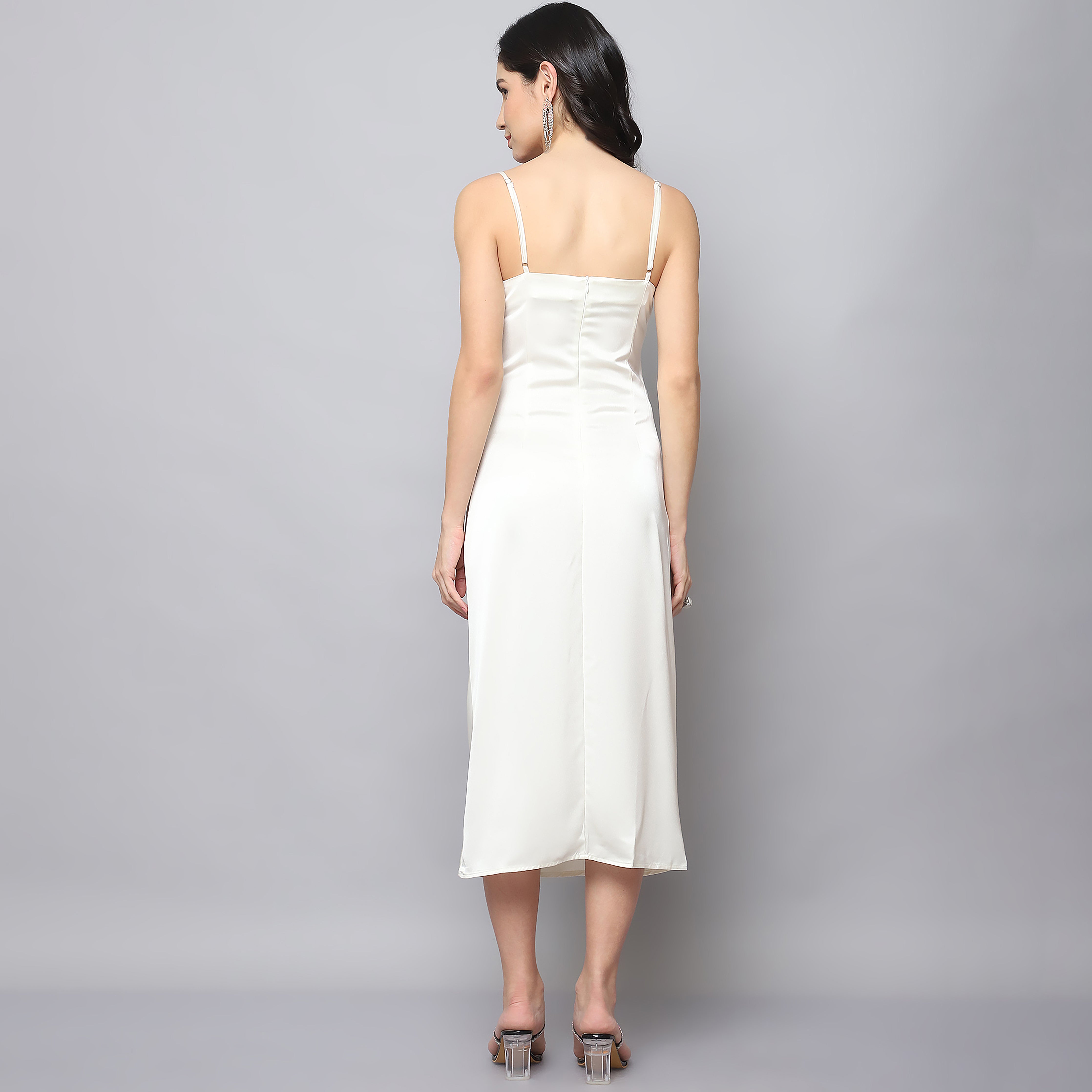 Women's Satin Ruched Split Bodycon Dress (Off White)