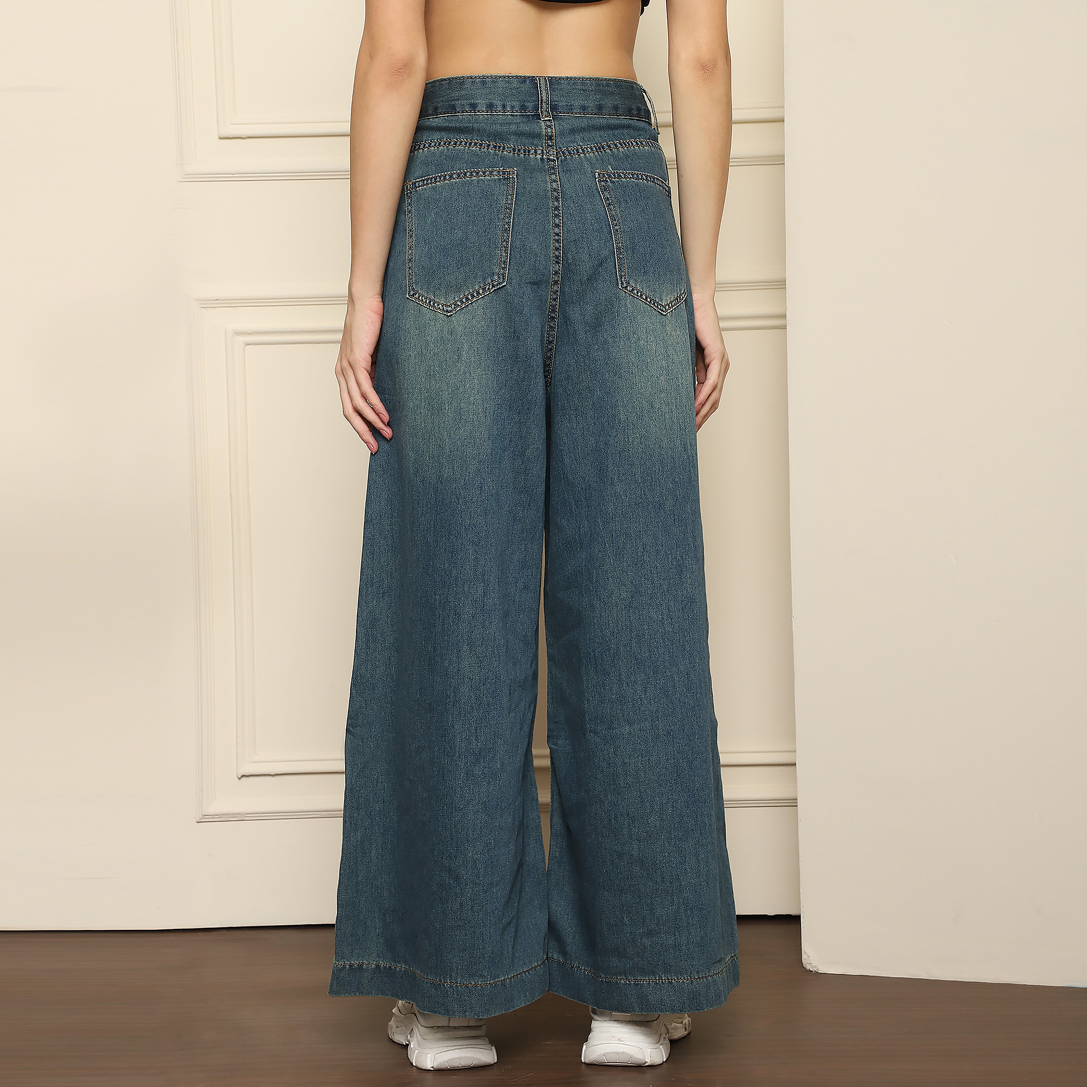 Flared Blue Washed Denim with Belt