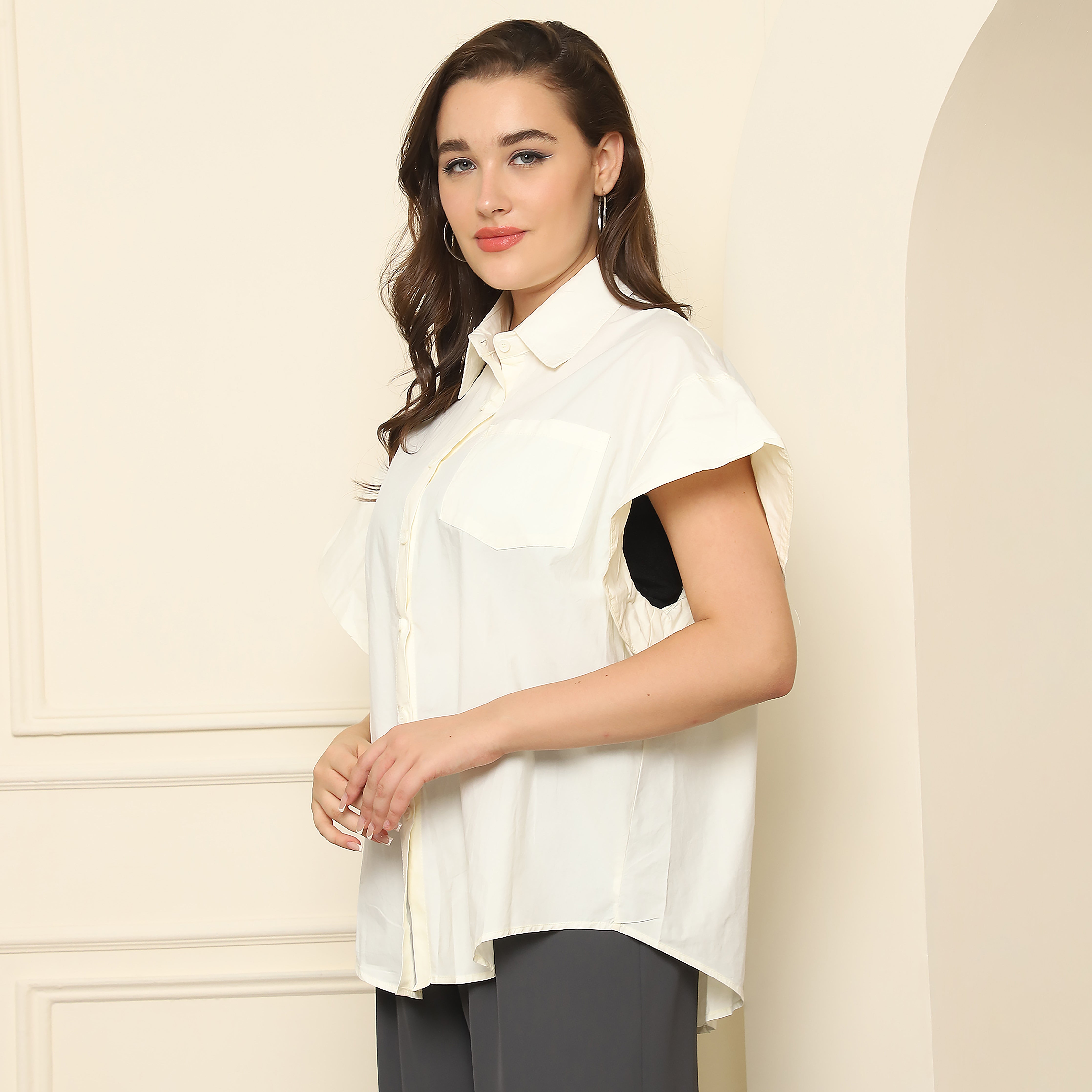 Cream Balloon Sleeve Button-Down Shirt | 100% Cotton Women's Top (S,M,L,XL)