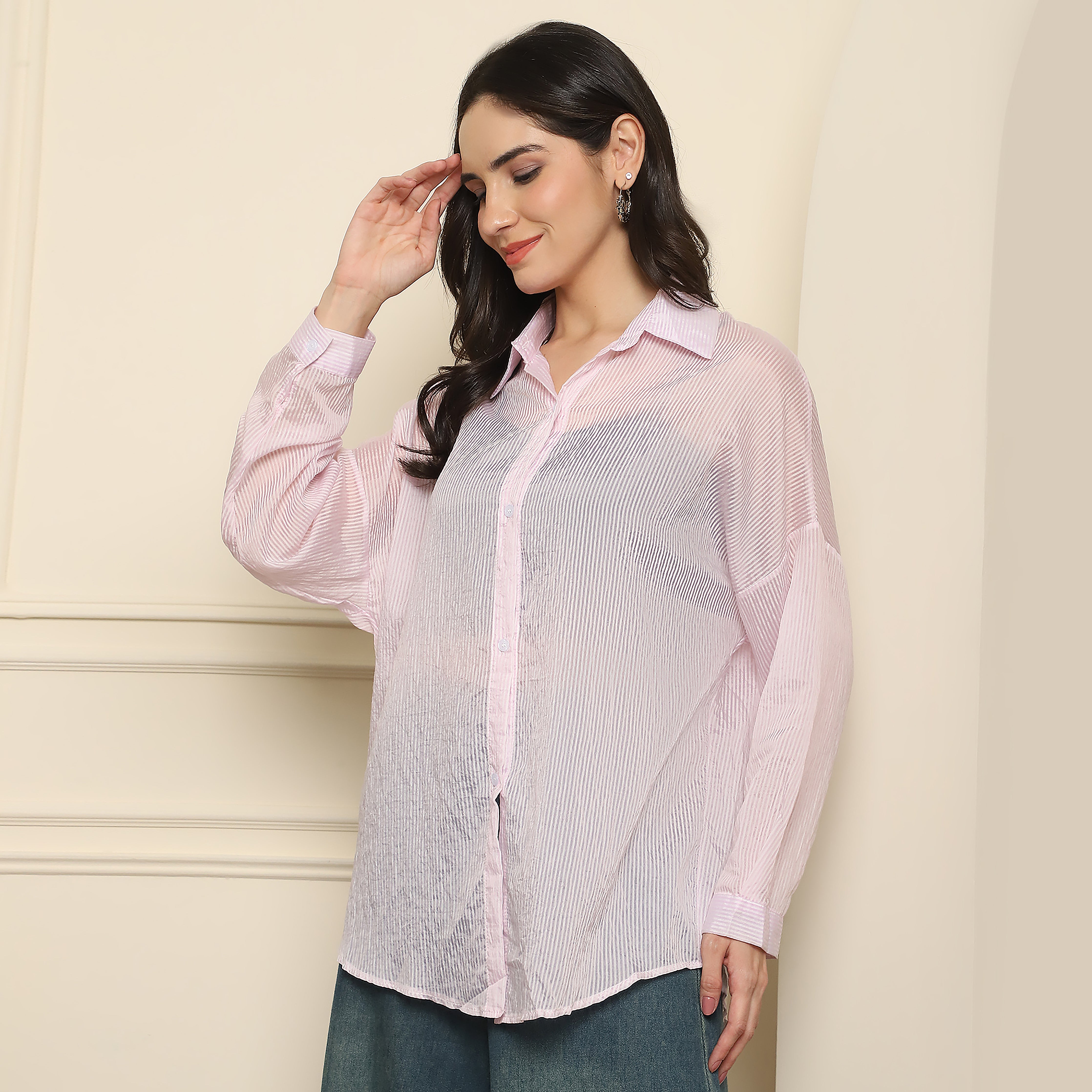 Women's Oversized Self-Striped Shirt (Baby Pink)