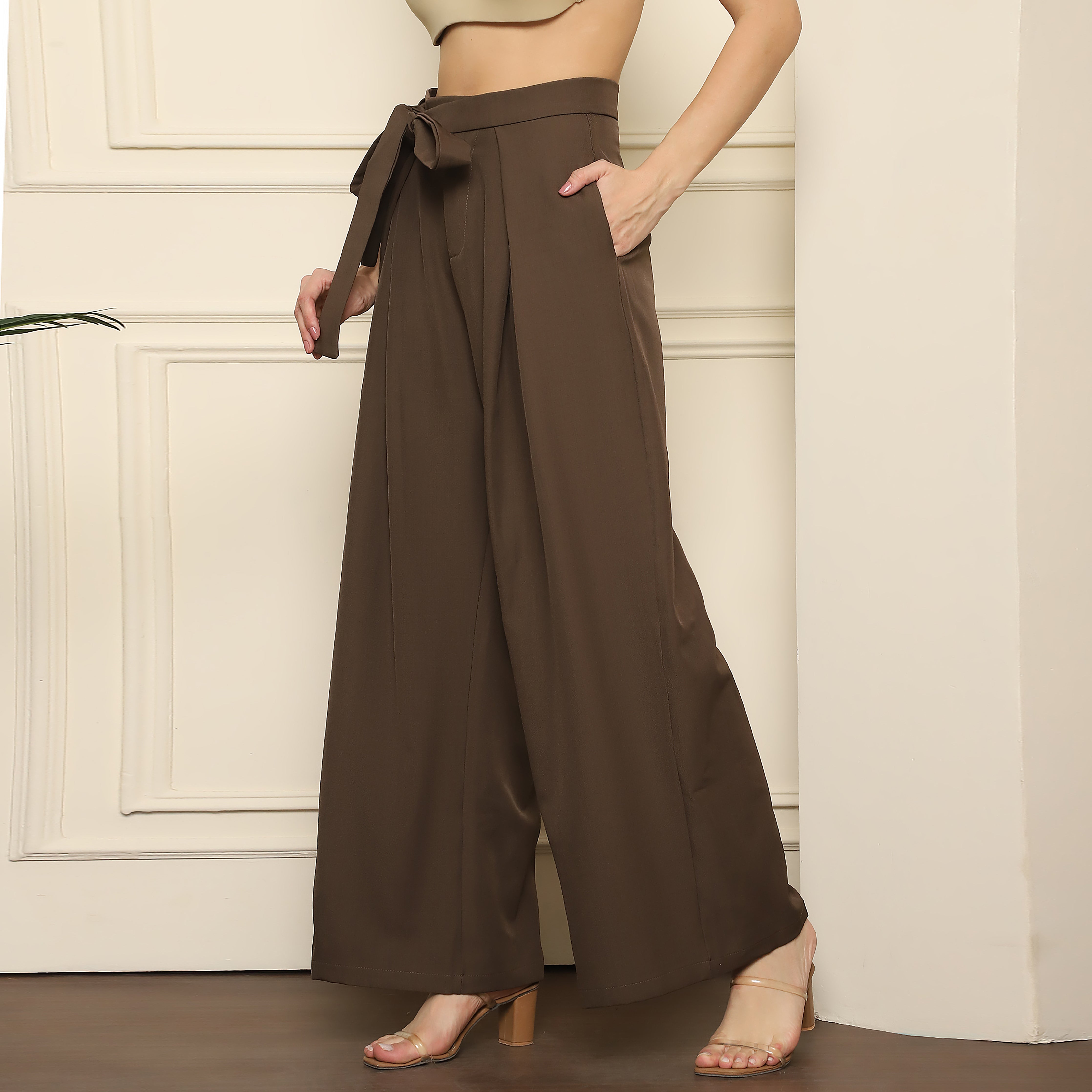 Women's Tailored Pleated Straight Fit Trousers with Self-Tie