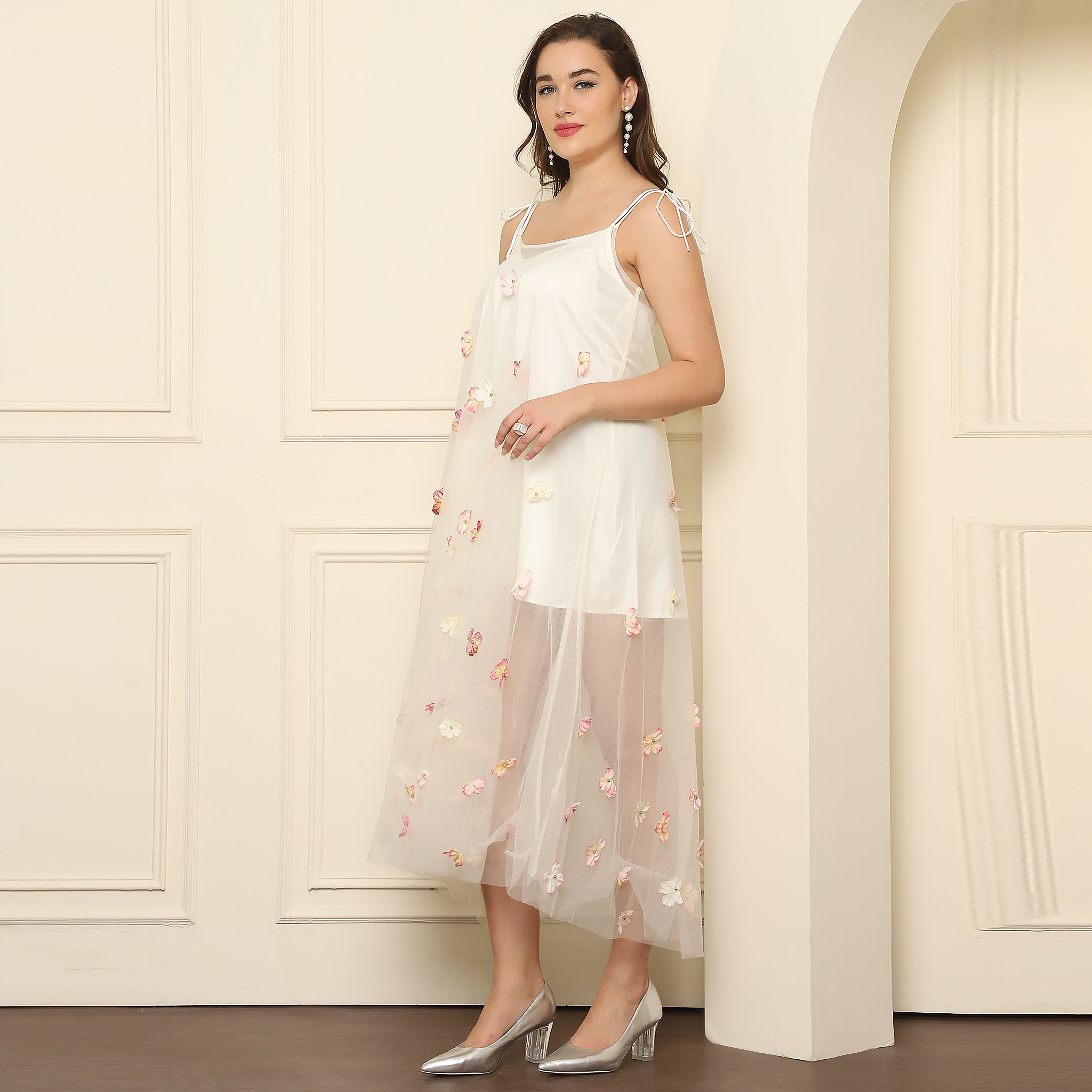 Elegant Midi Net Floral Dress – Off White