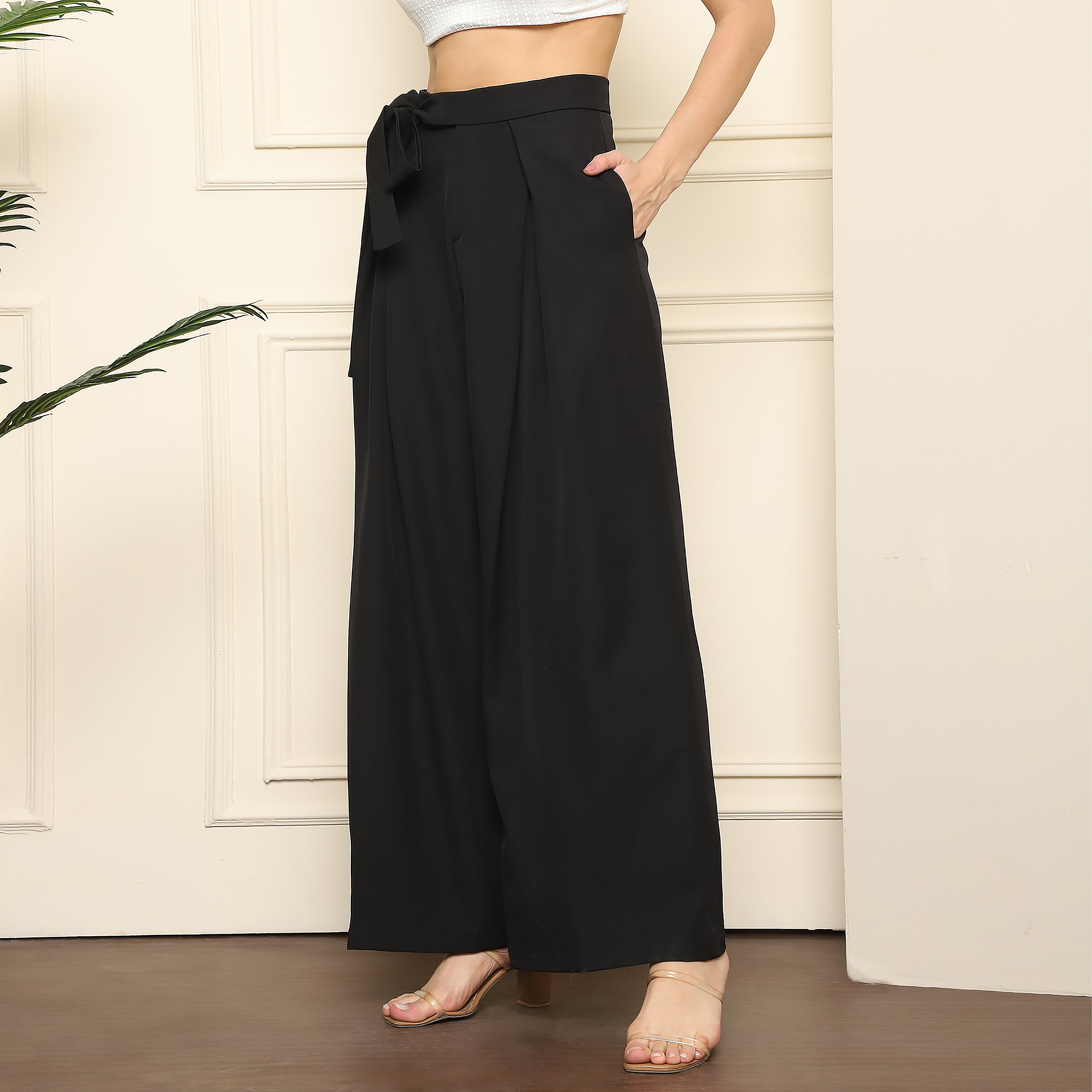 Women's Tailored Pleated Straight Fit Trousers with Self-Tie