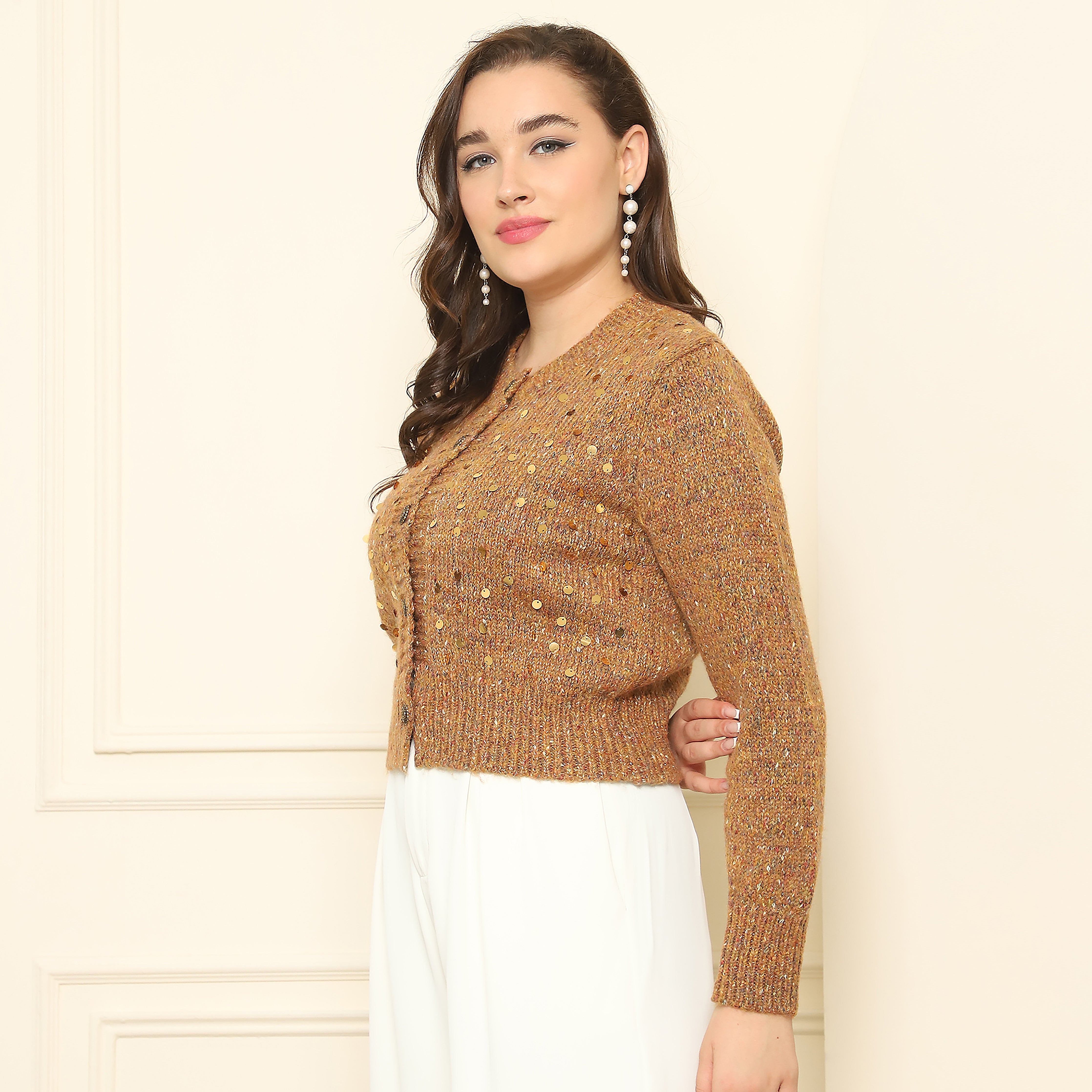 Knitted Sequin Embellished Sweater – Mustard