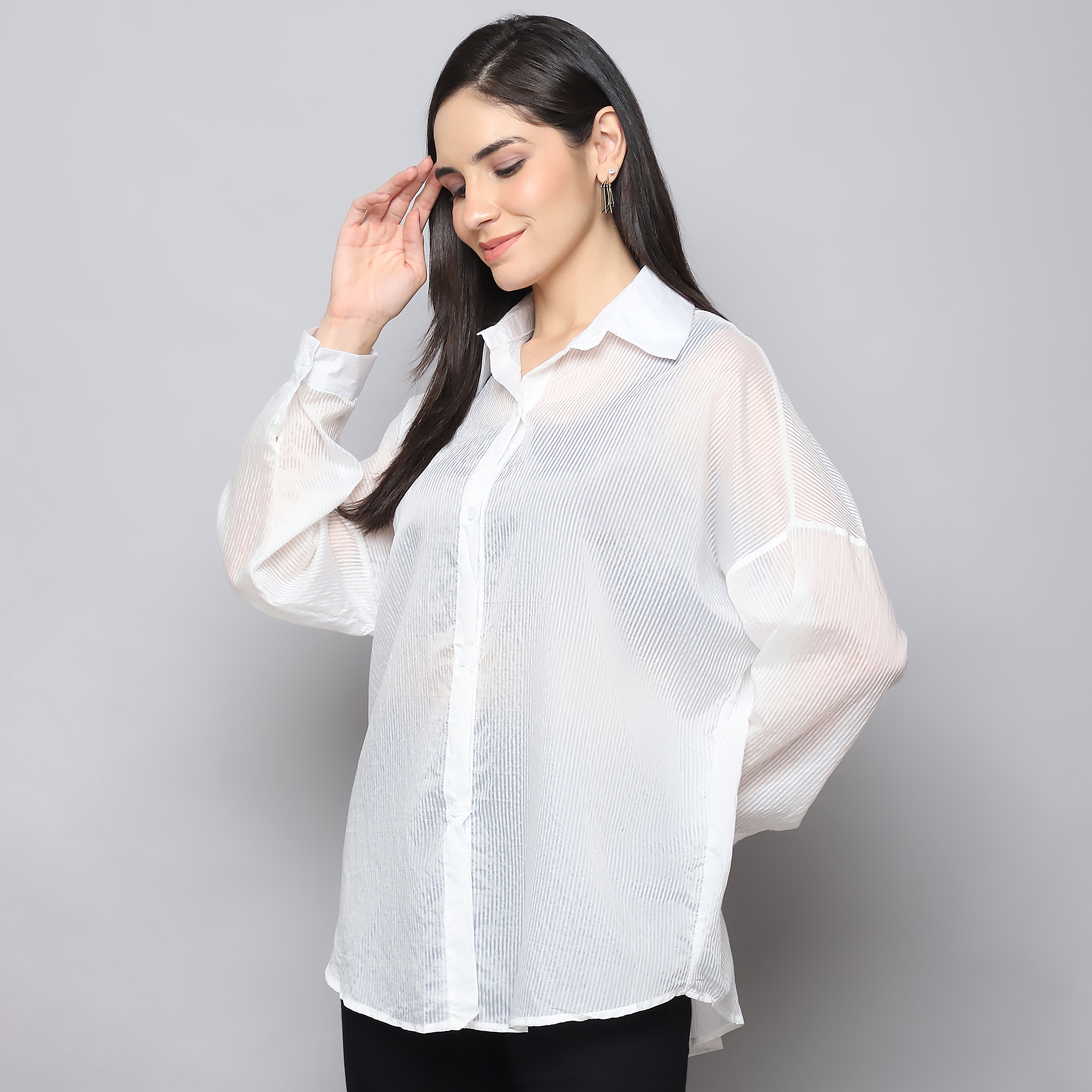 Women's White Sheer Self-Striped Shirt