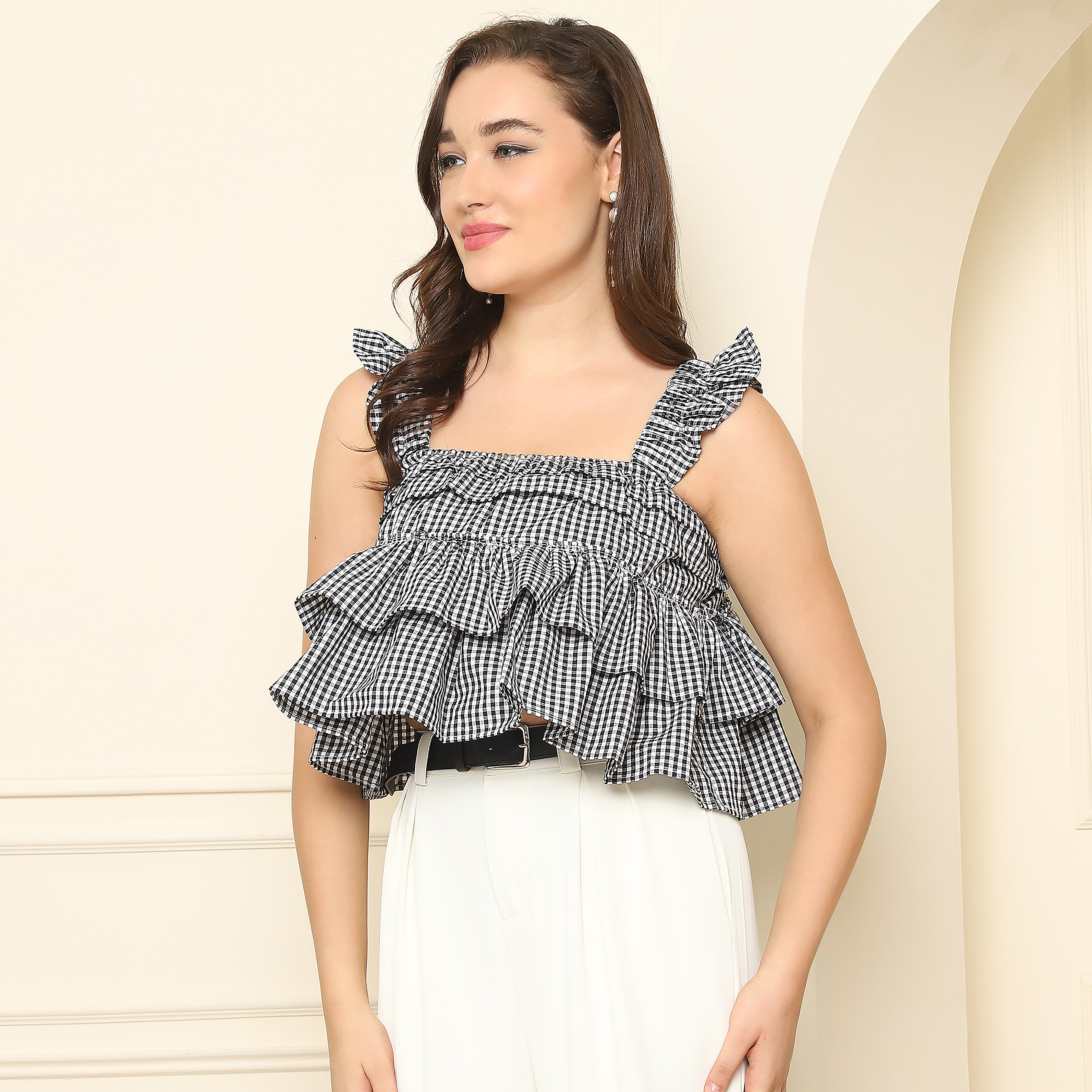 Woven Frilled Top – Black Checkered