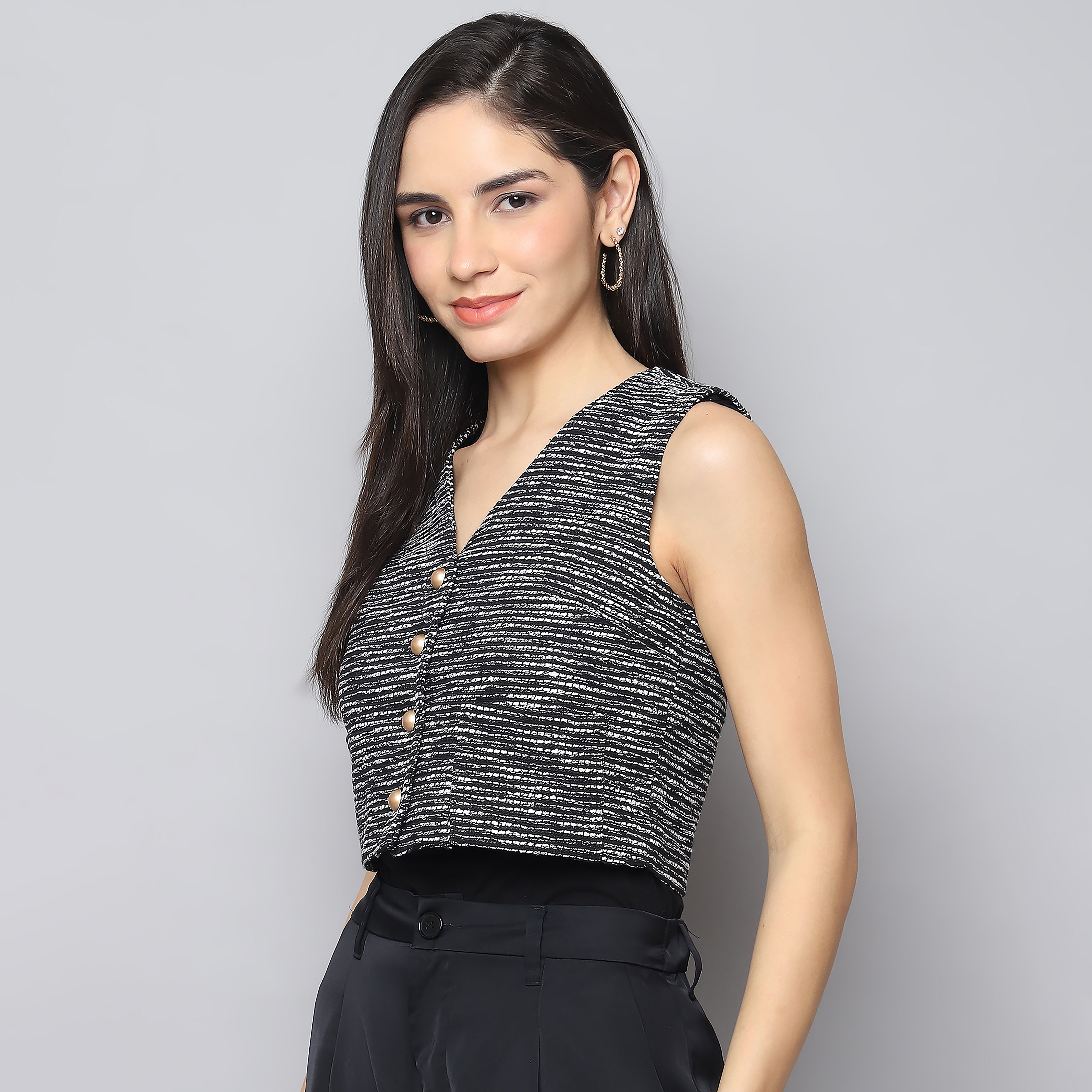 Jacquard Button-Up Vest Top – Black