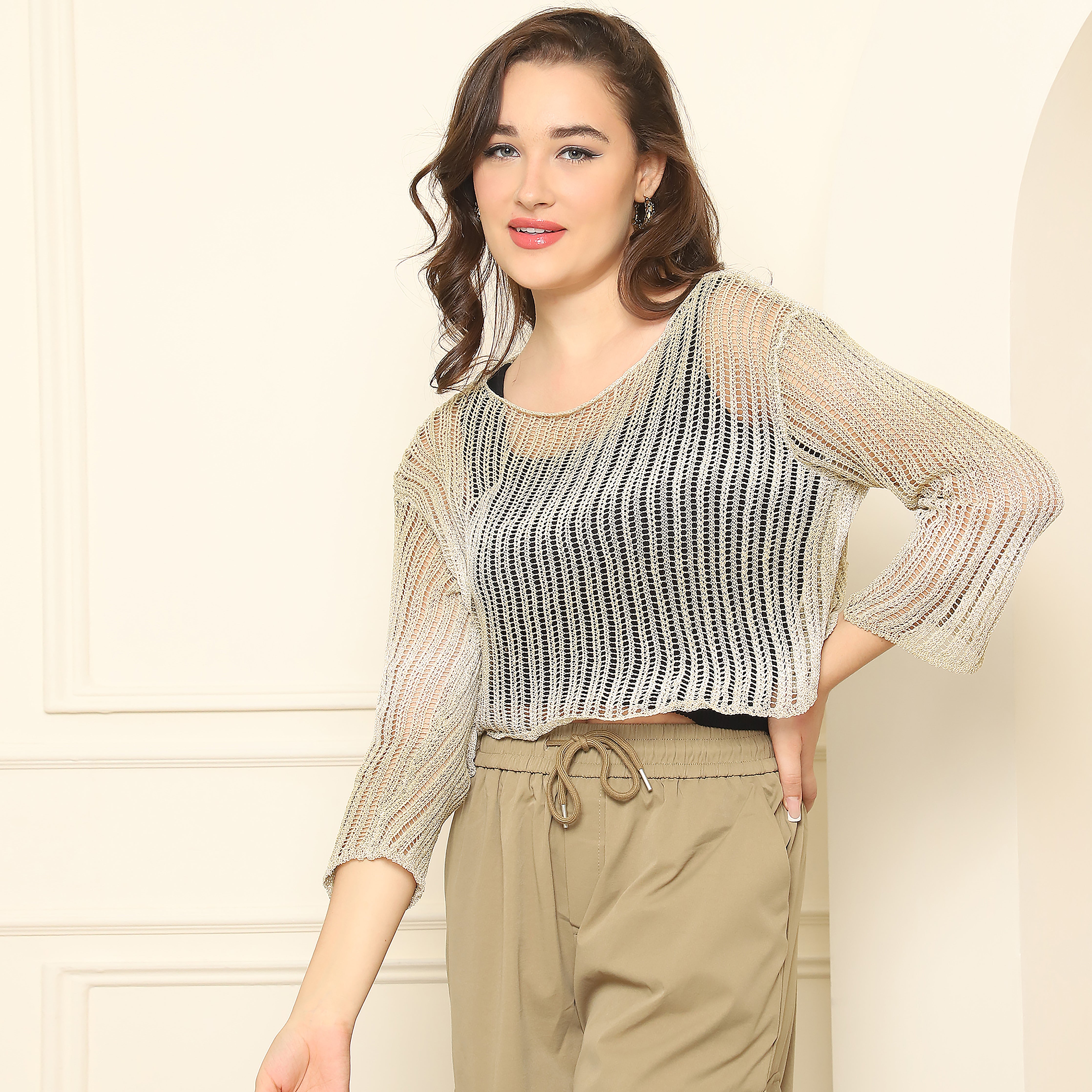 Khaki Knitted Crop Top | 100% Acrylic Lightweight Sweater for Women