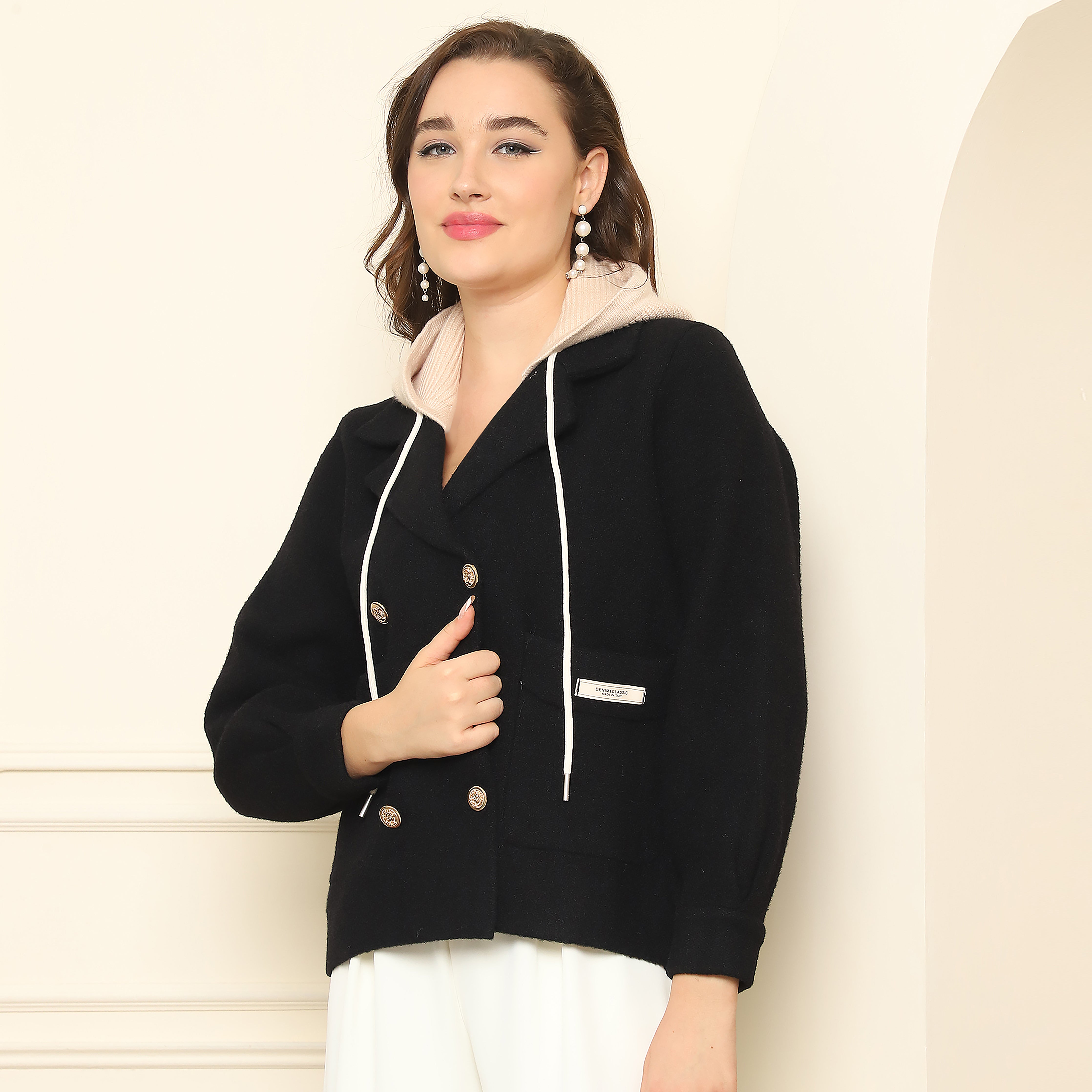 Lapeled Collar Hooded Coat – Black