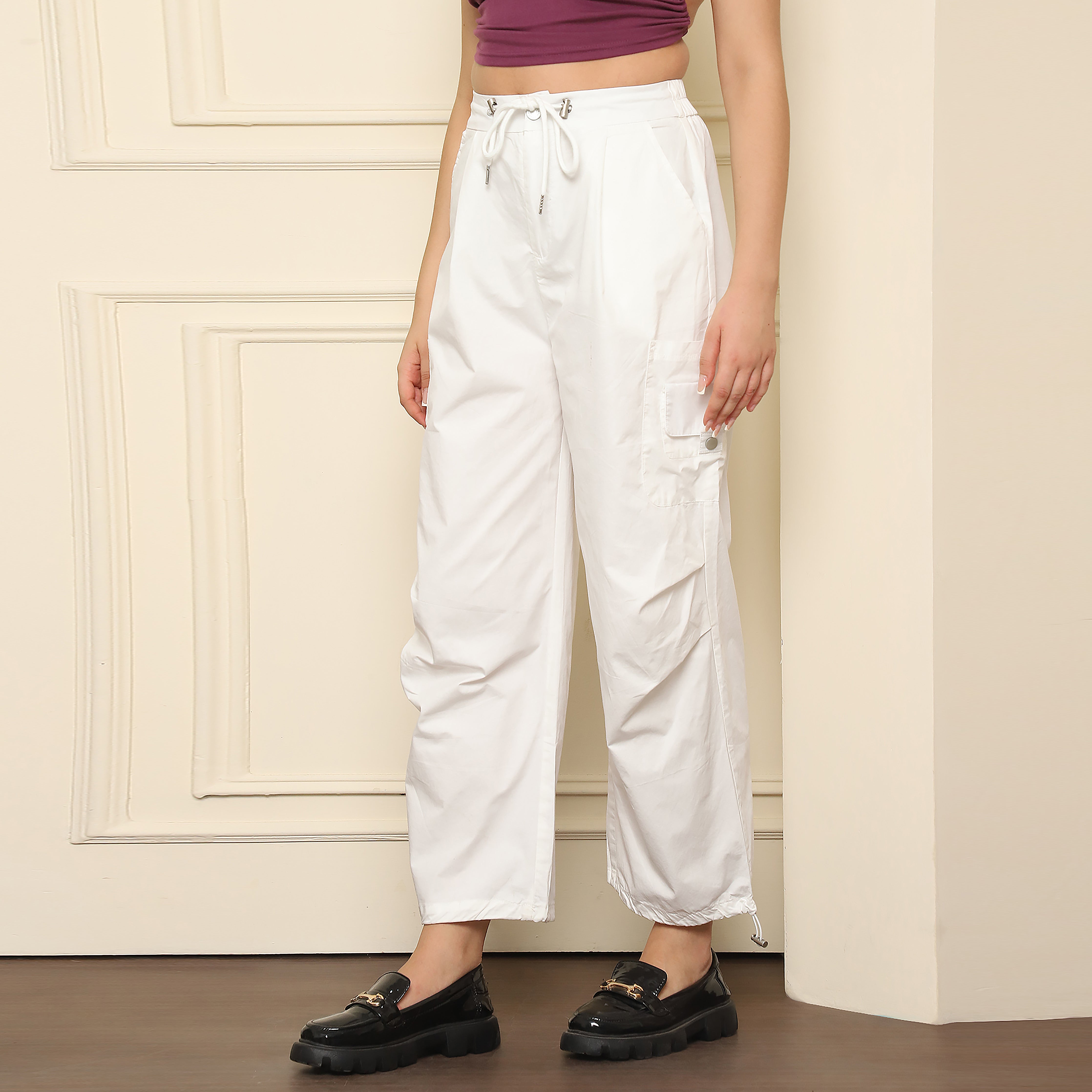 White Cargo Pants - 100% Polyester, High-Waisted, Drawstring, Multi-Pocket Design