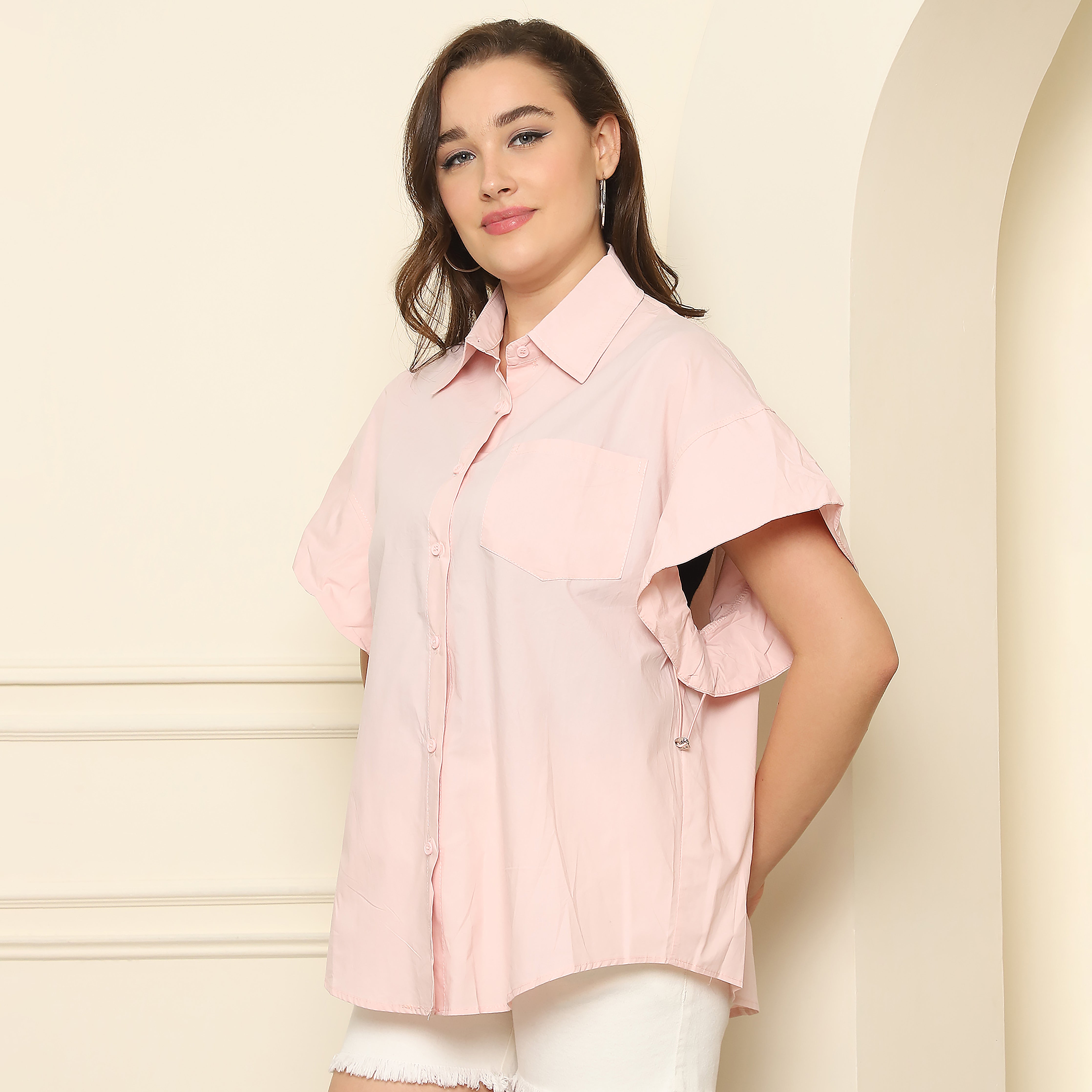 Blush Pink Balloon Sleeve Button-Down Shirt