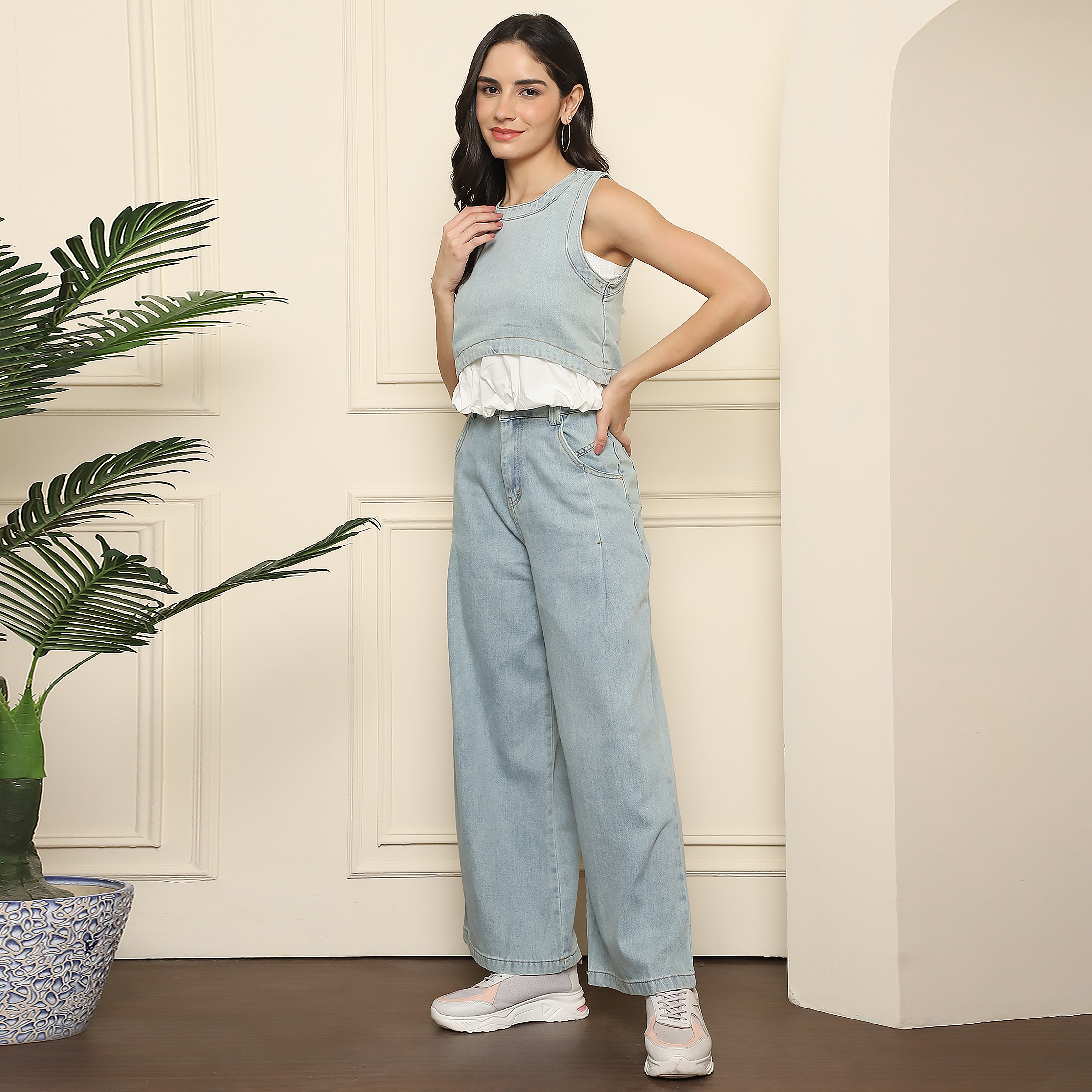 Women's Light Blue Denim Co-ord Set - Sleeveless Top & Wide-Leg Pants