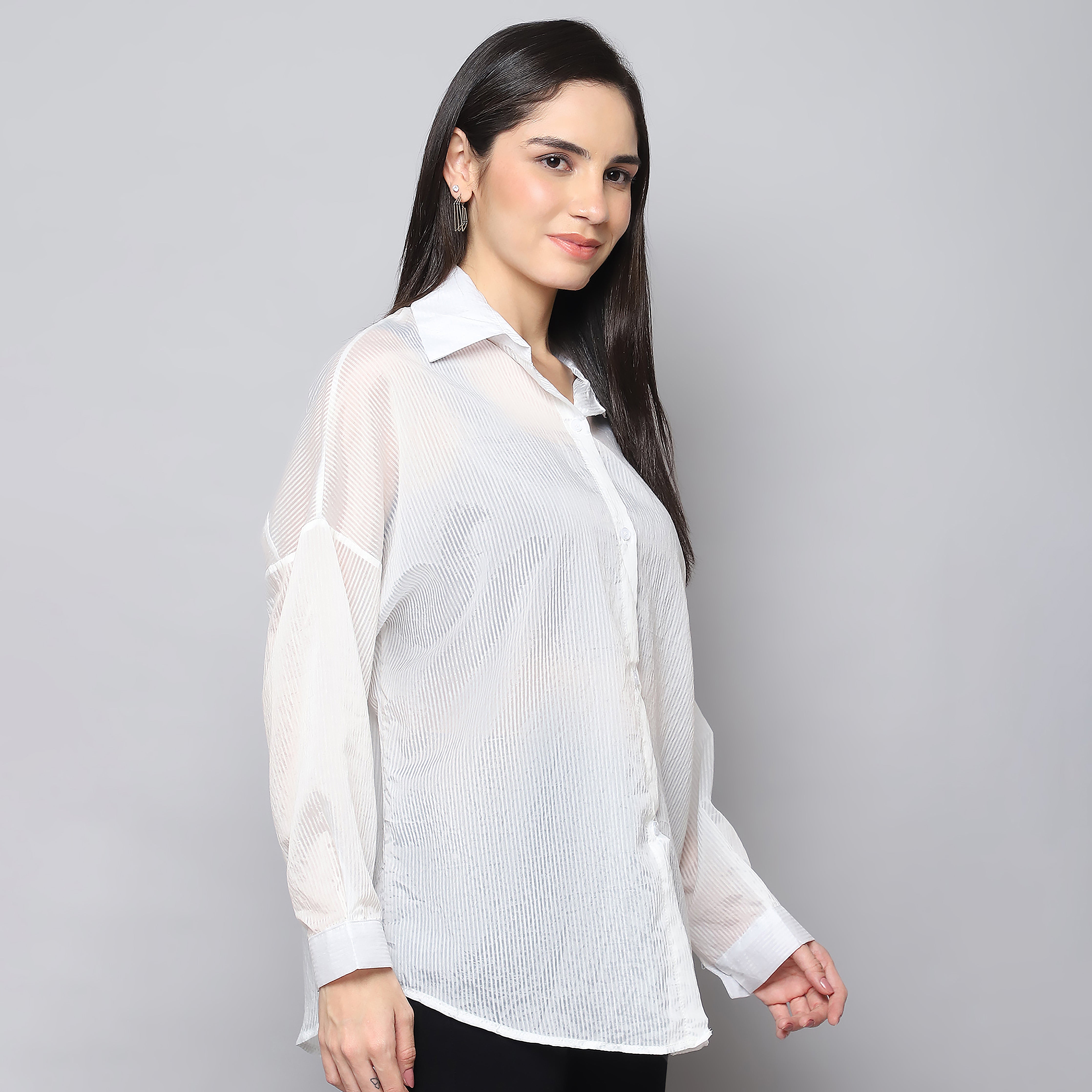 Women's White Sheer Self-Striped Shirt