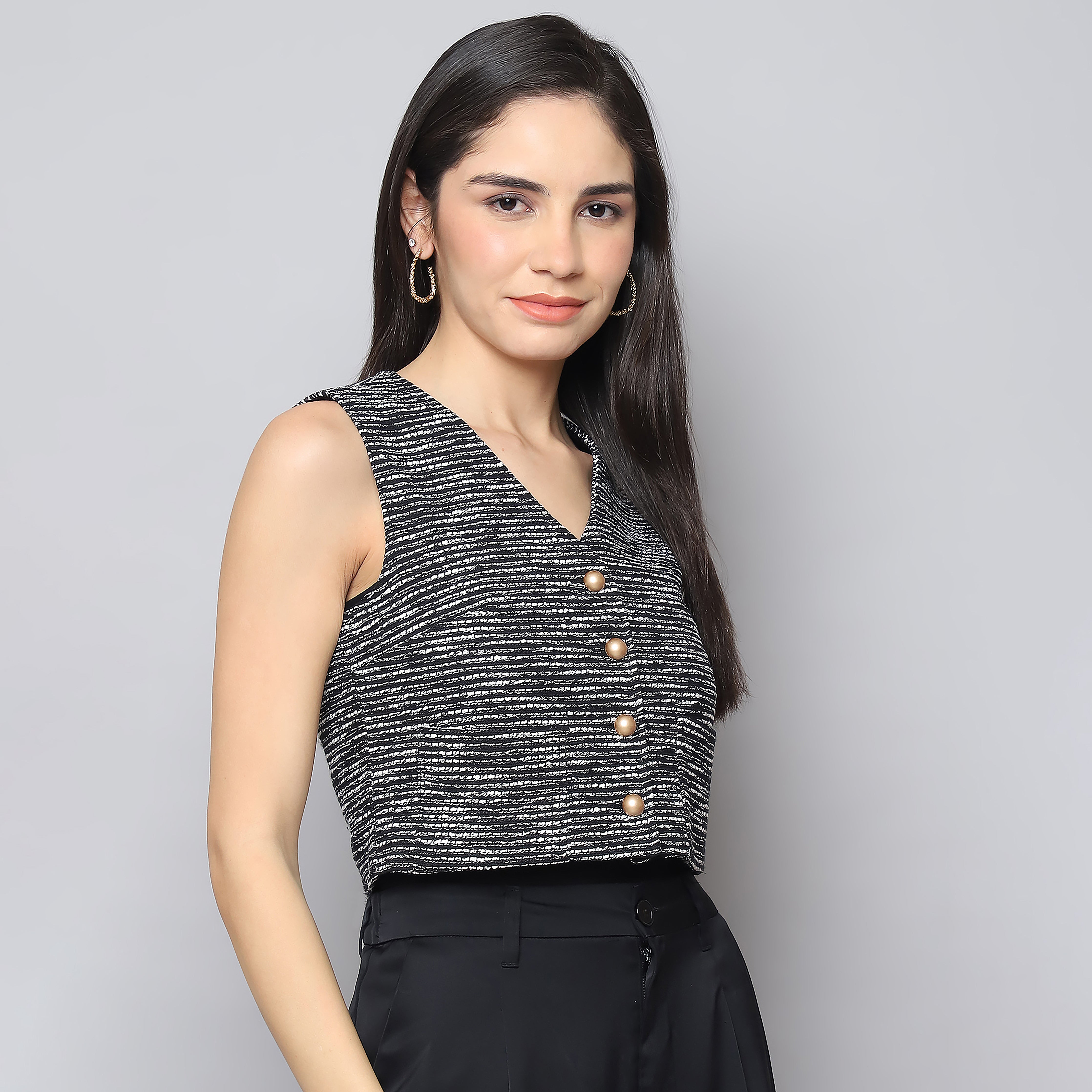 Jacquard Button-Up Vest Top – Black