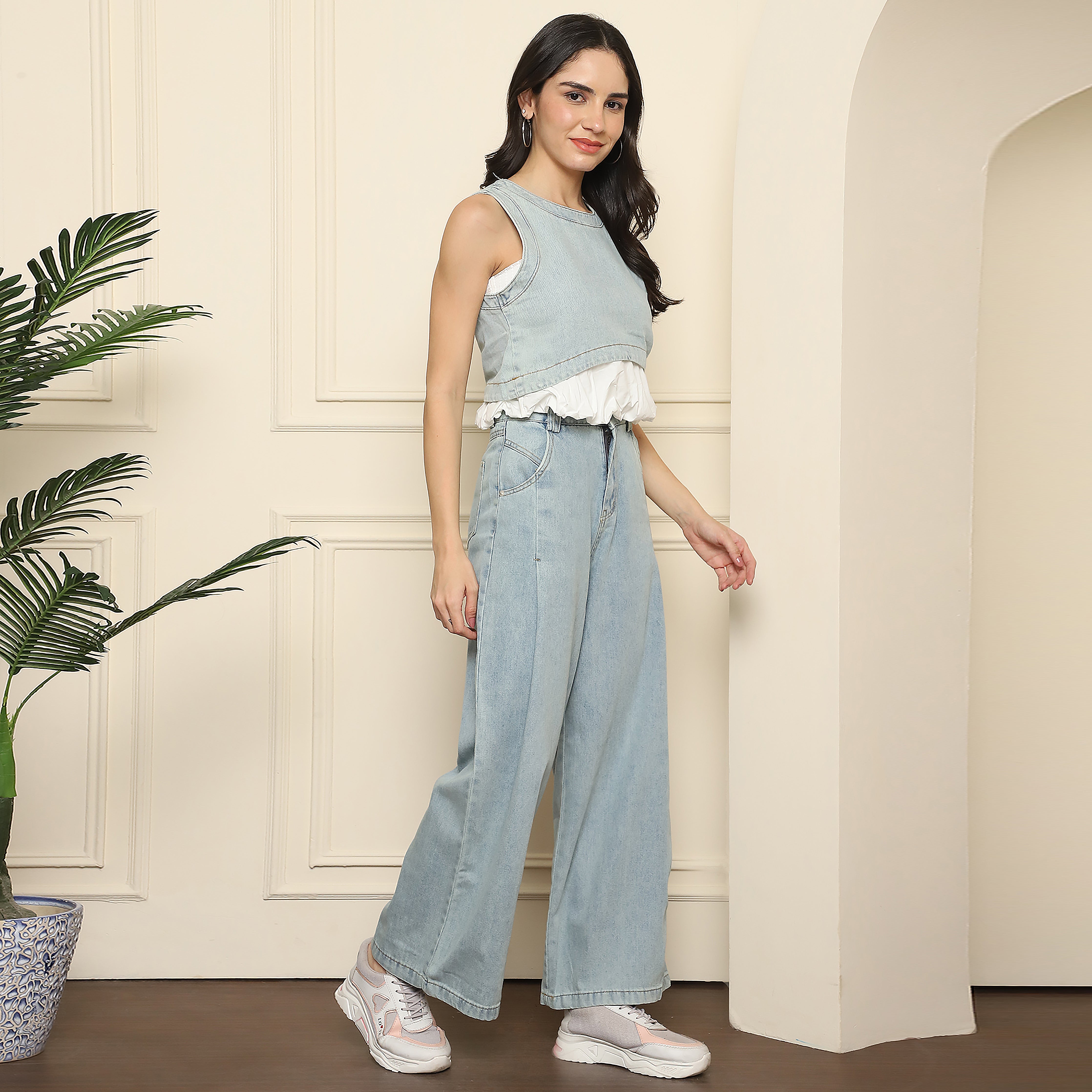 Women's Light Blue Denim Co-ord Set - Sleeveless Top & Wide-Leg Pants