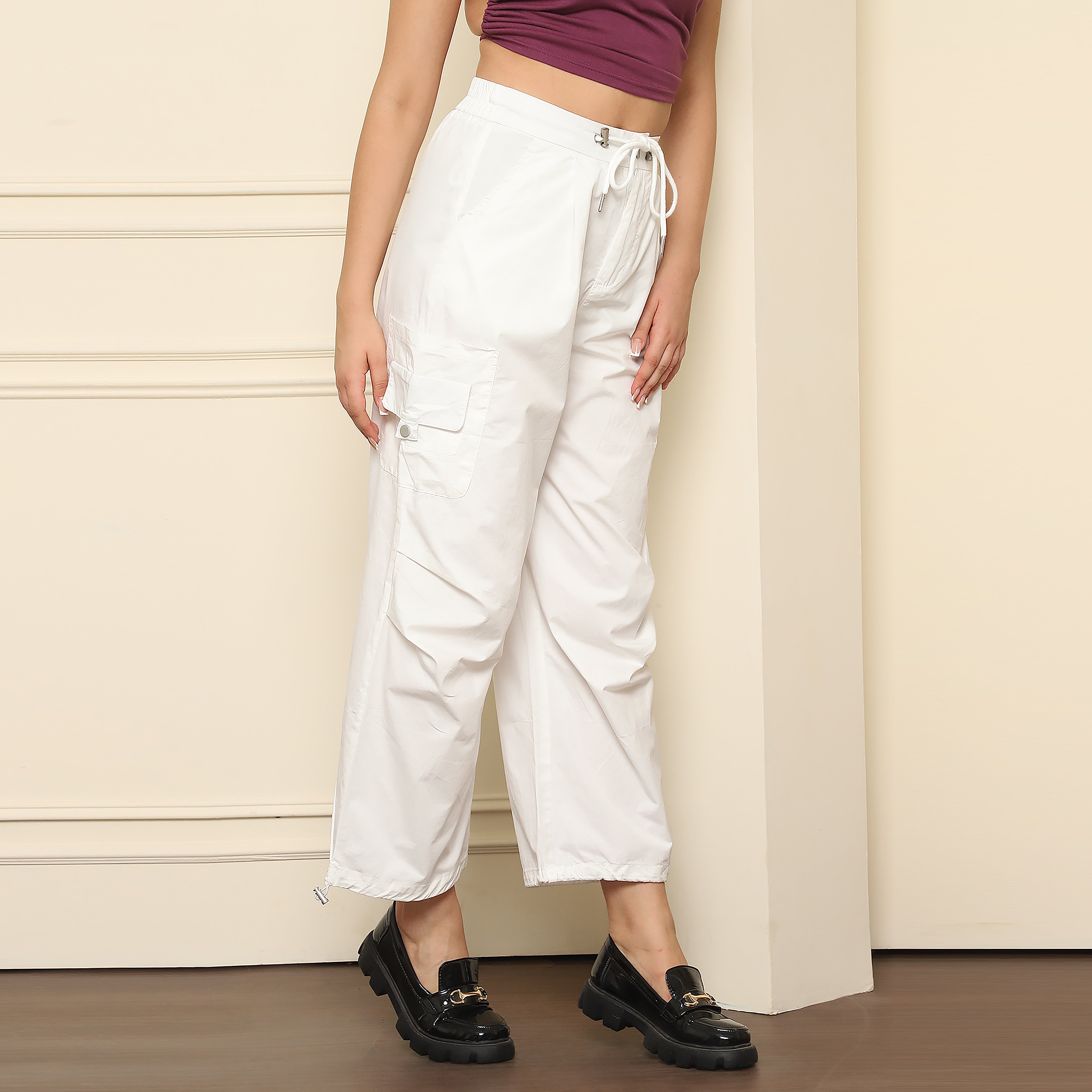 White Cargo Pants - 100% Polyester, High-Waisted, Drawstring, Multi-Pocket Design