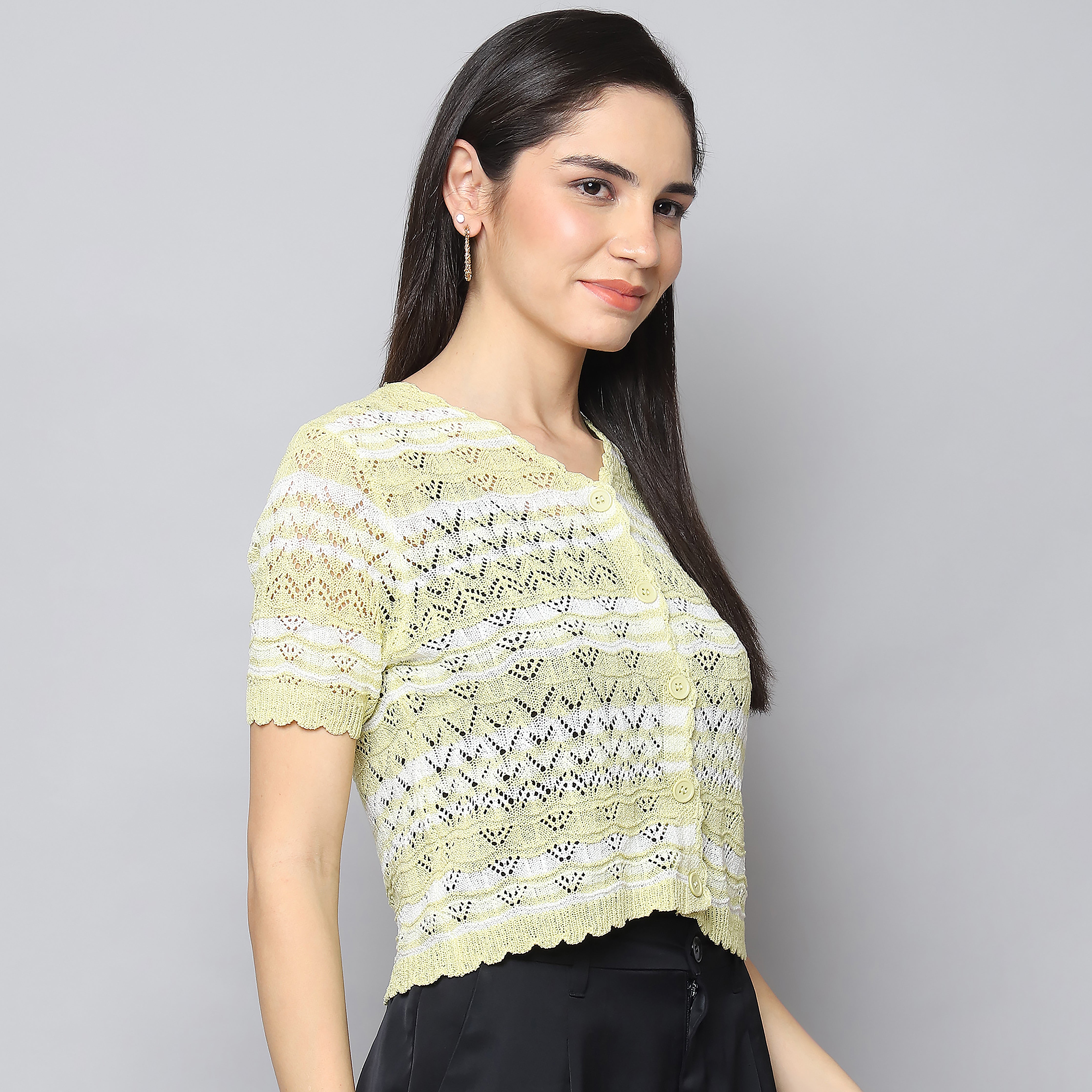 Button-Up Lace Knit Top – Olive Green