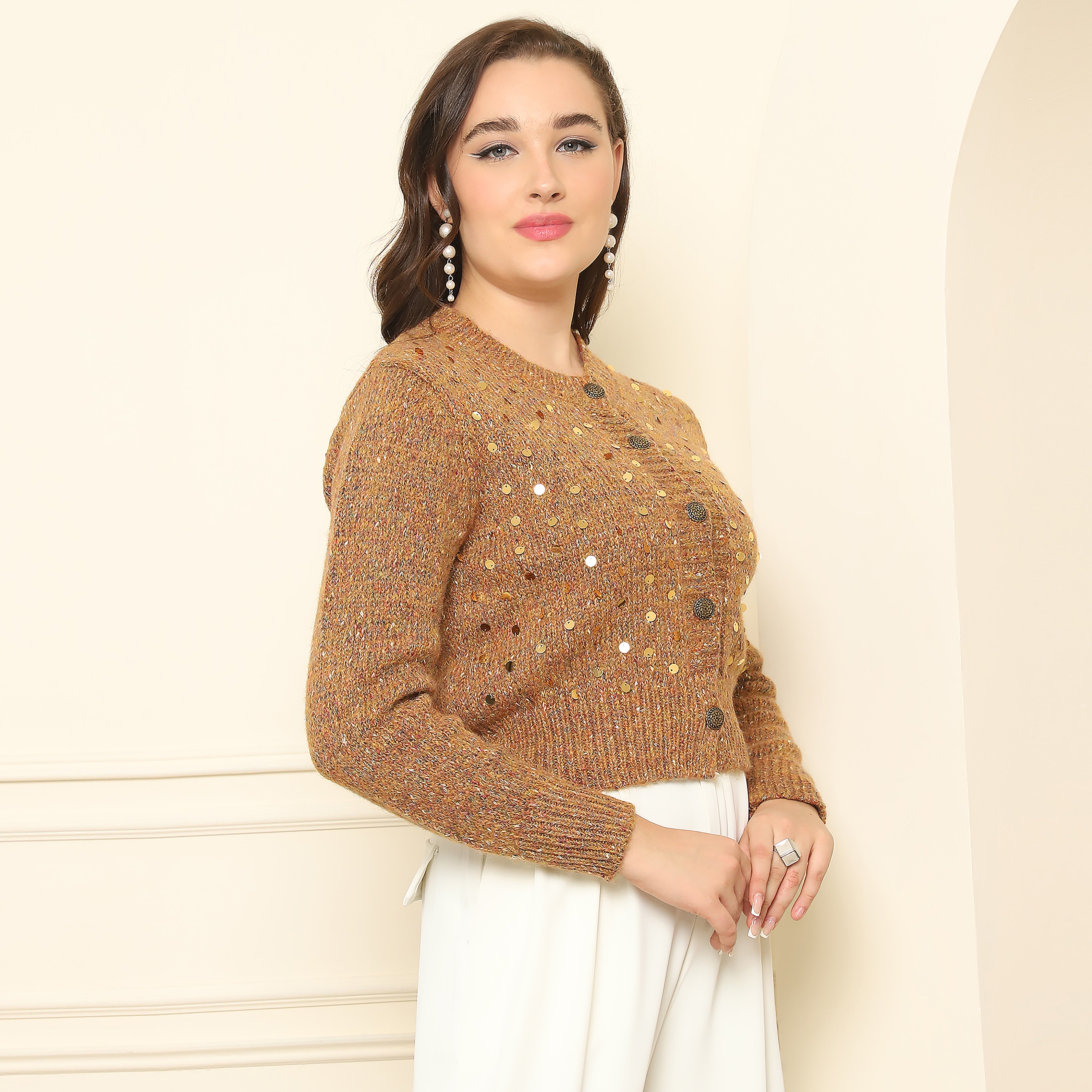 Knitted Sequin Embellished Sweater – Mustard