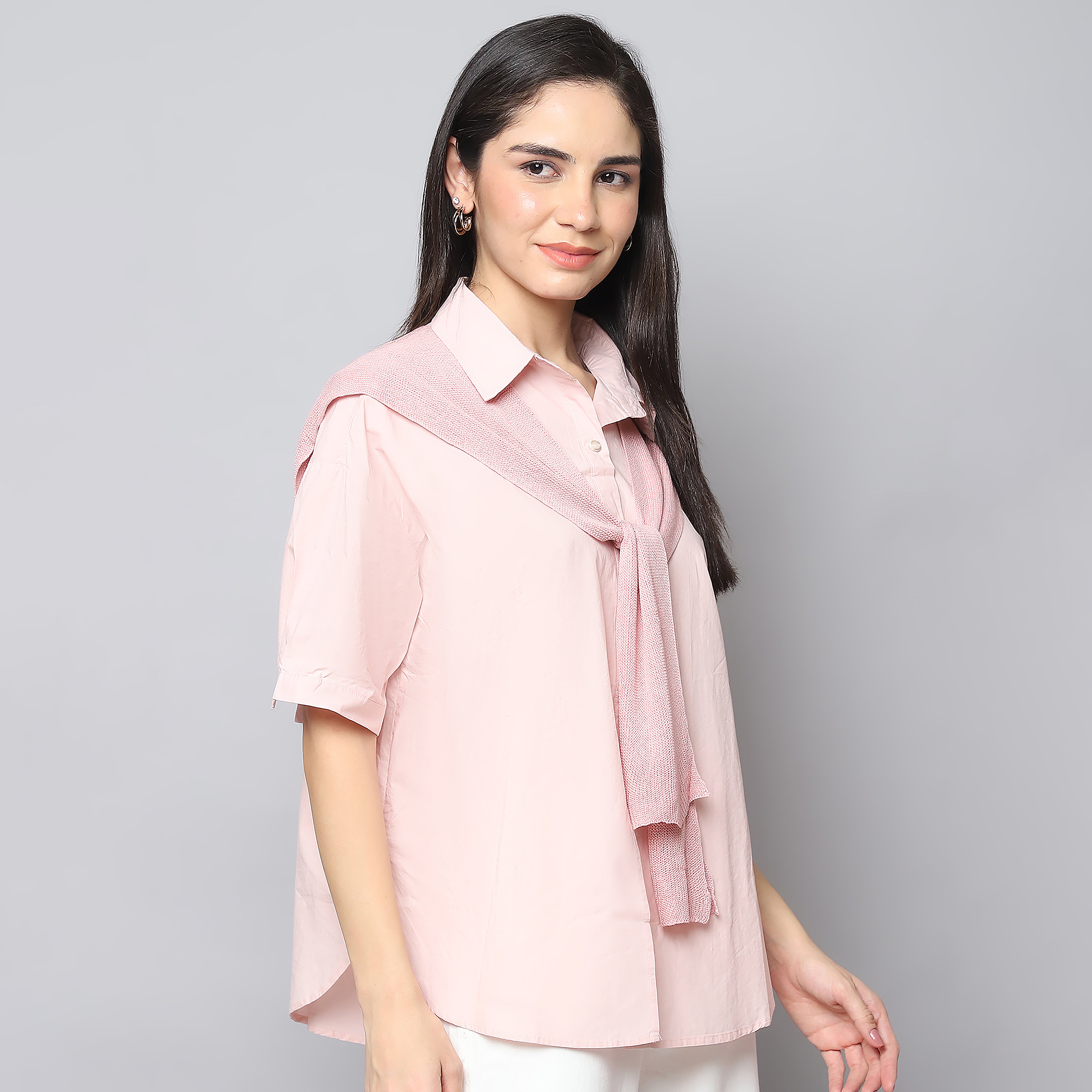 Blush Breeze Oversized Shirt with Knitted Scarf