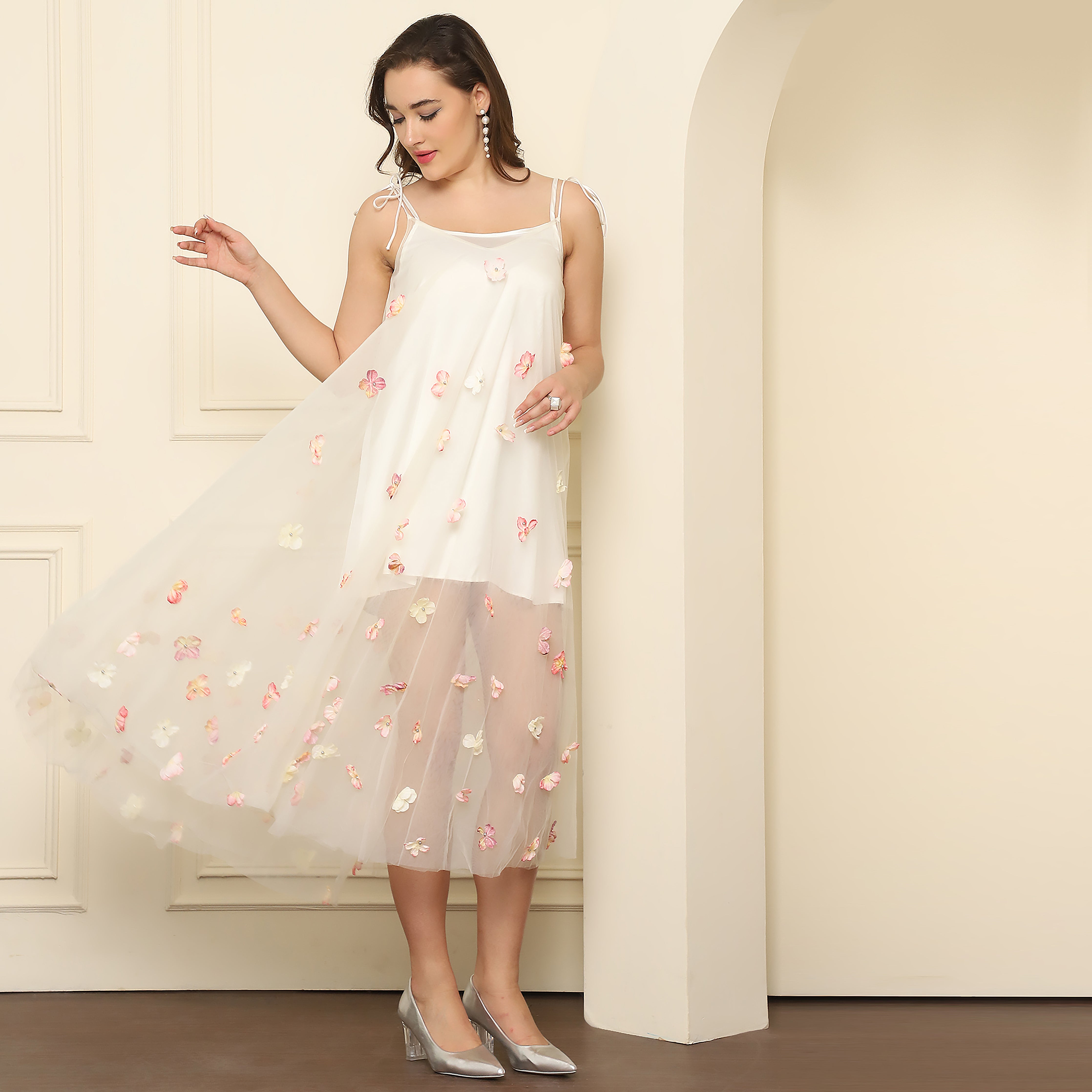 Elegant Midi Net Floral Dress – Off White