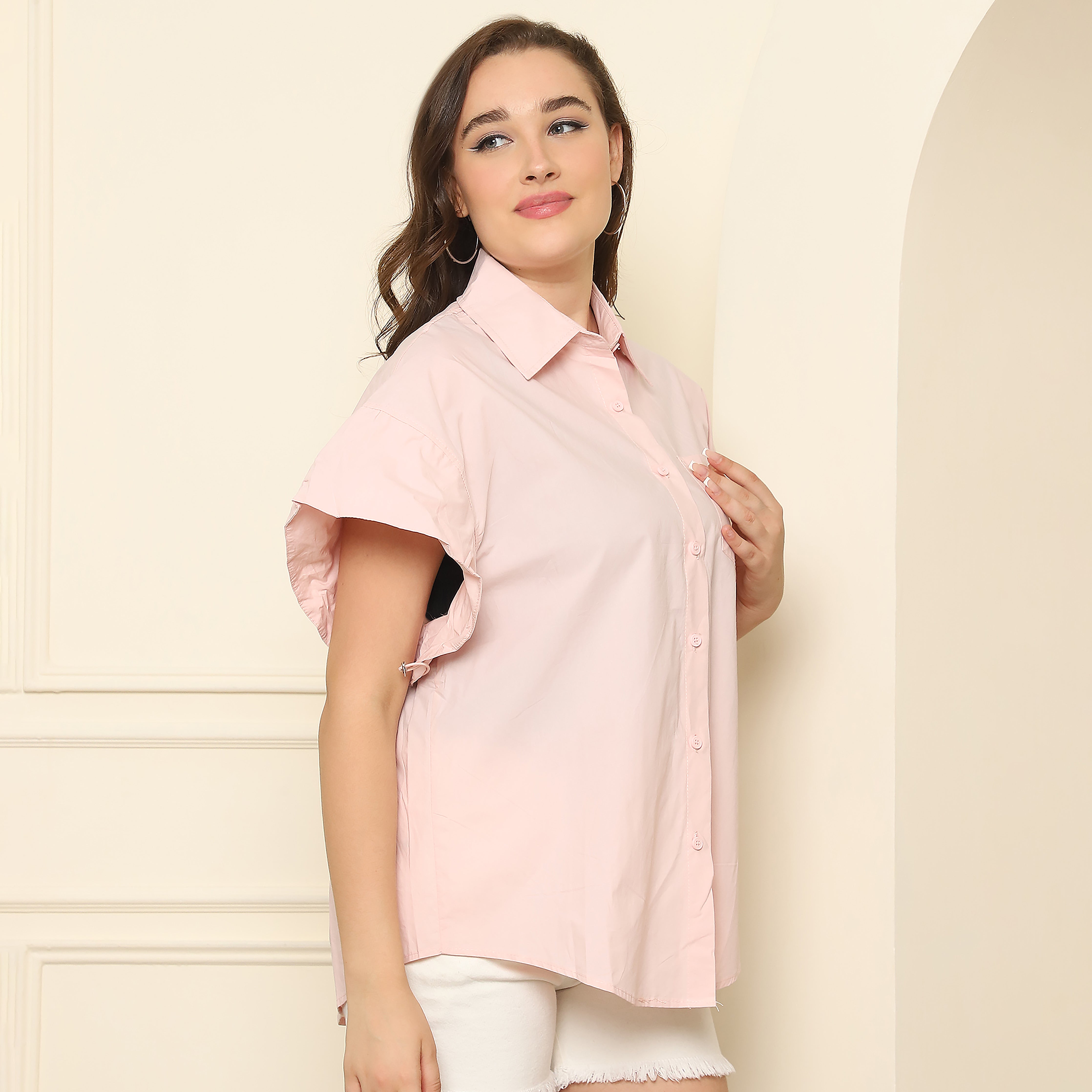 Blush Pink Balloon Sleeve Button-Down Shirt