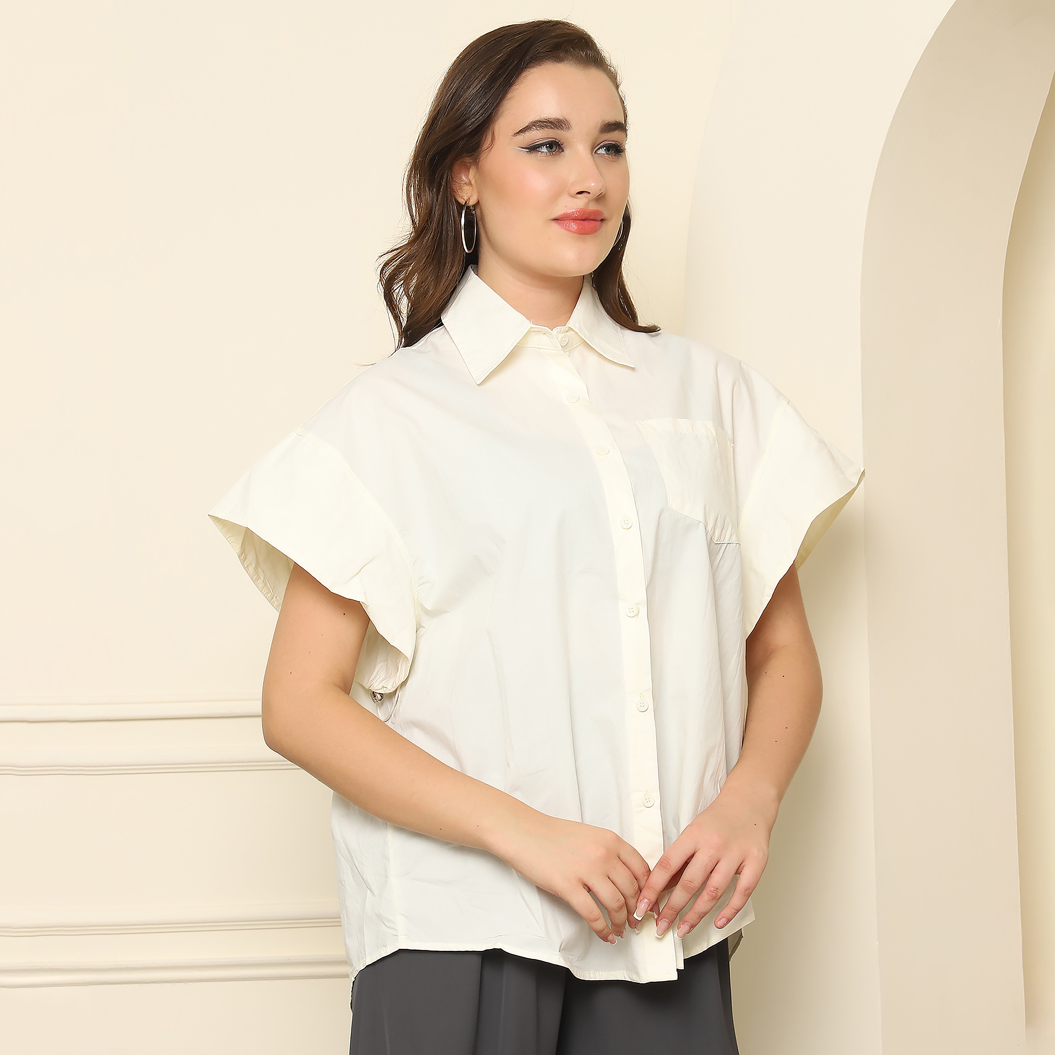 Cream Balloon Sleeve Button-Down Shirt | 100% Cotton Women's Top (S,M,L,XL)