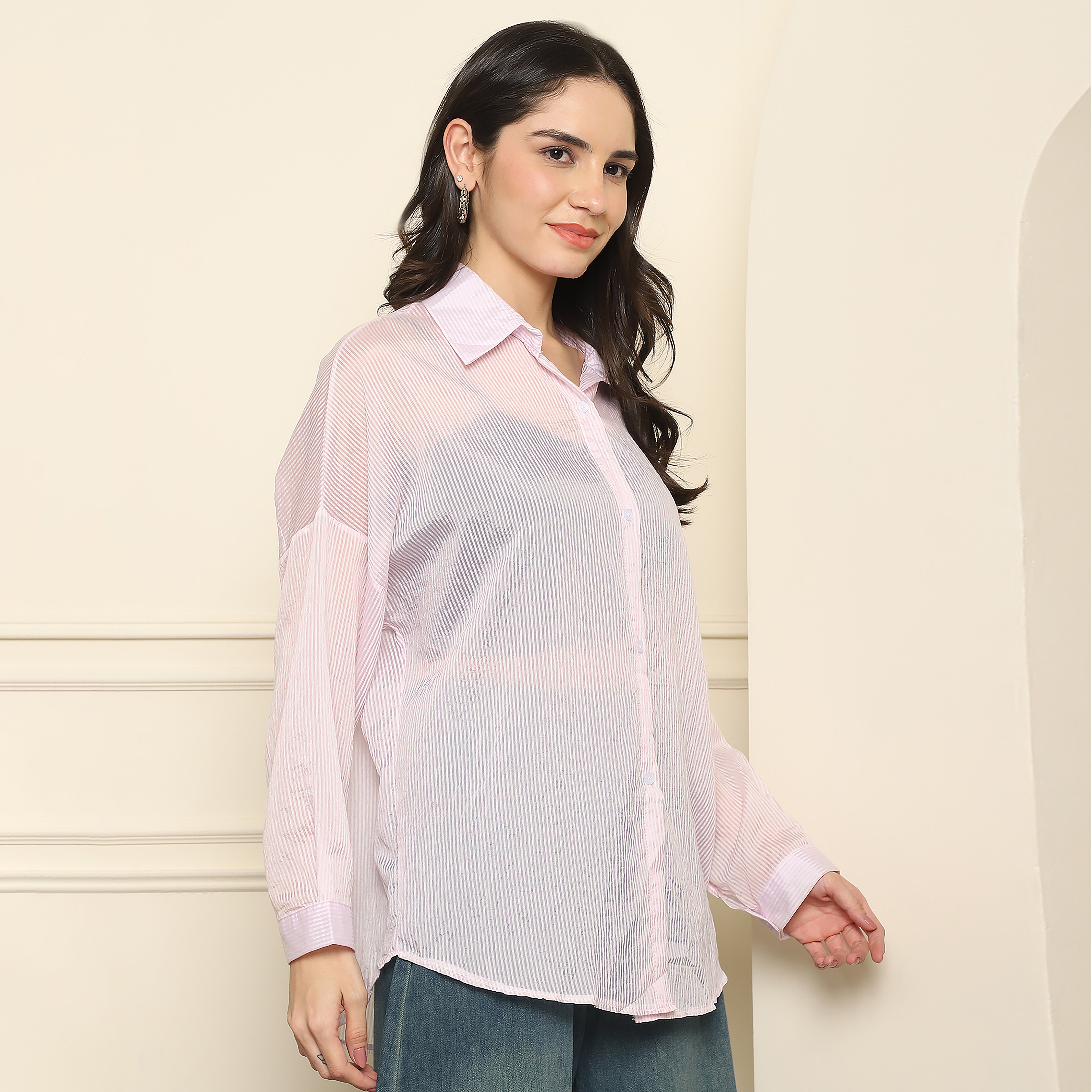 Women's Oversized Self-Striped Shirt (Baby Pink)