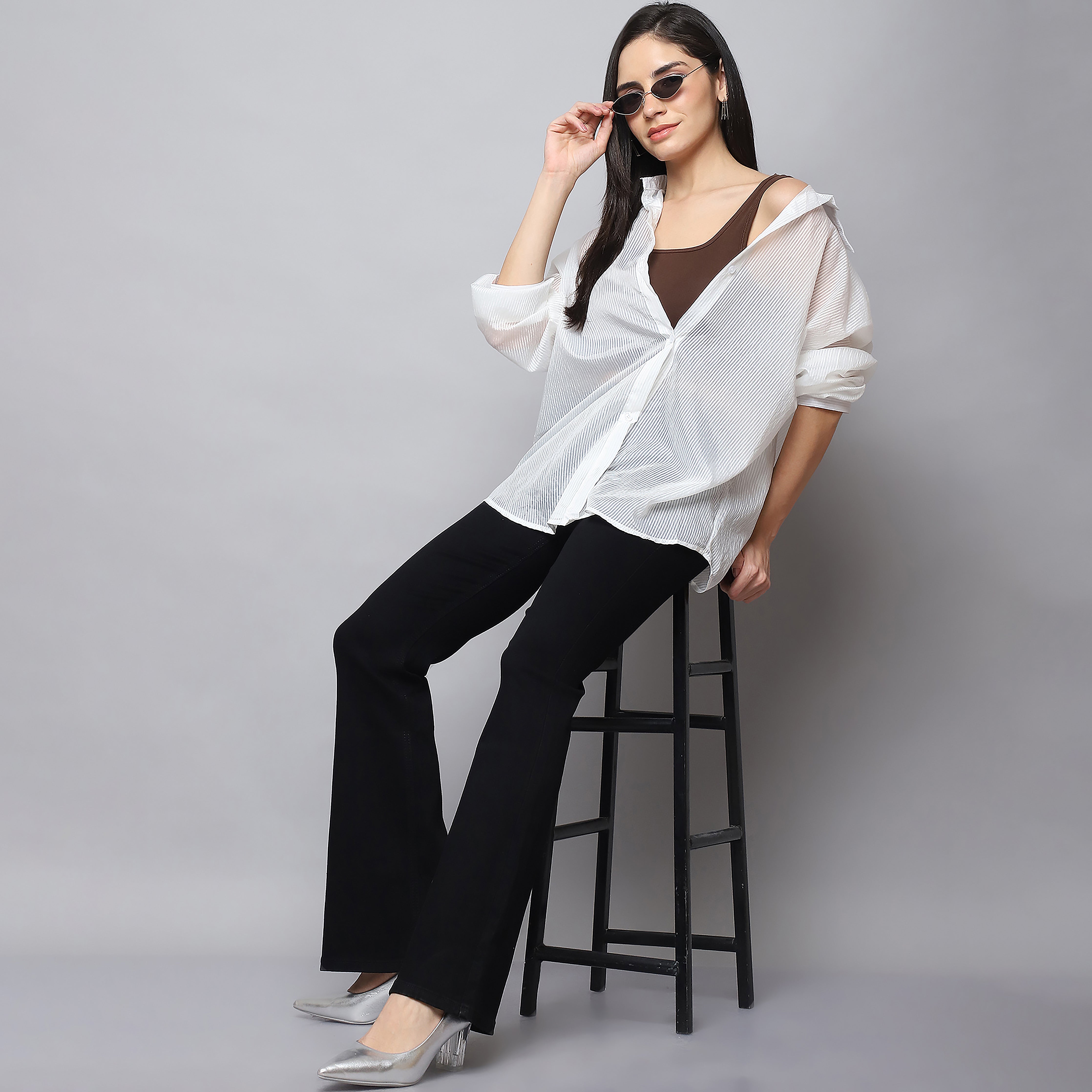 Women's White Sheer Self-Striped Shirt