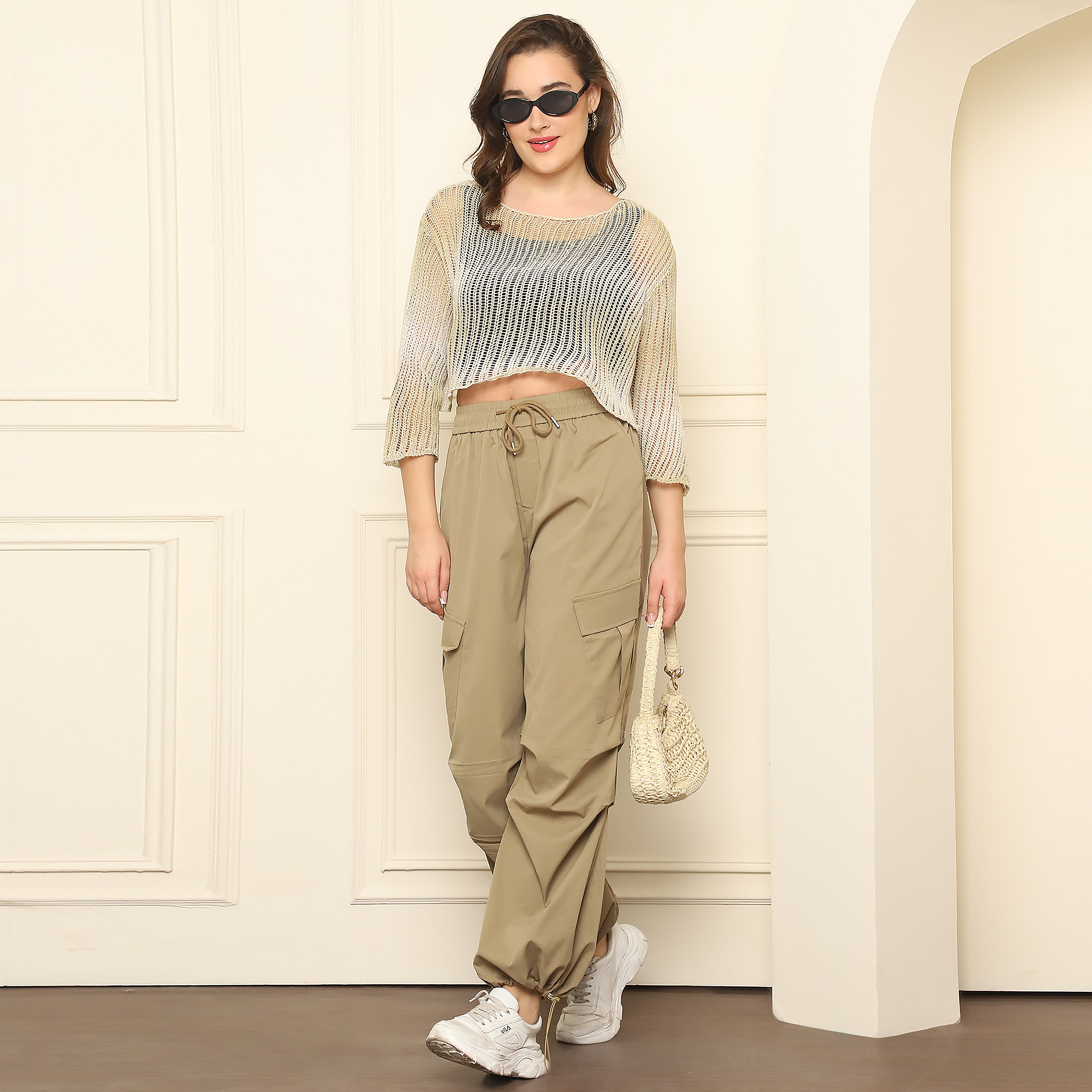 Khaki Knitted Crop Top | 100% Acrylic Lightweight Sweater for Women