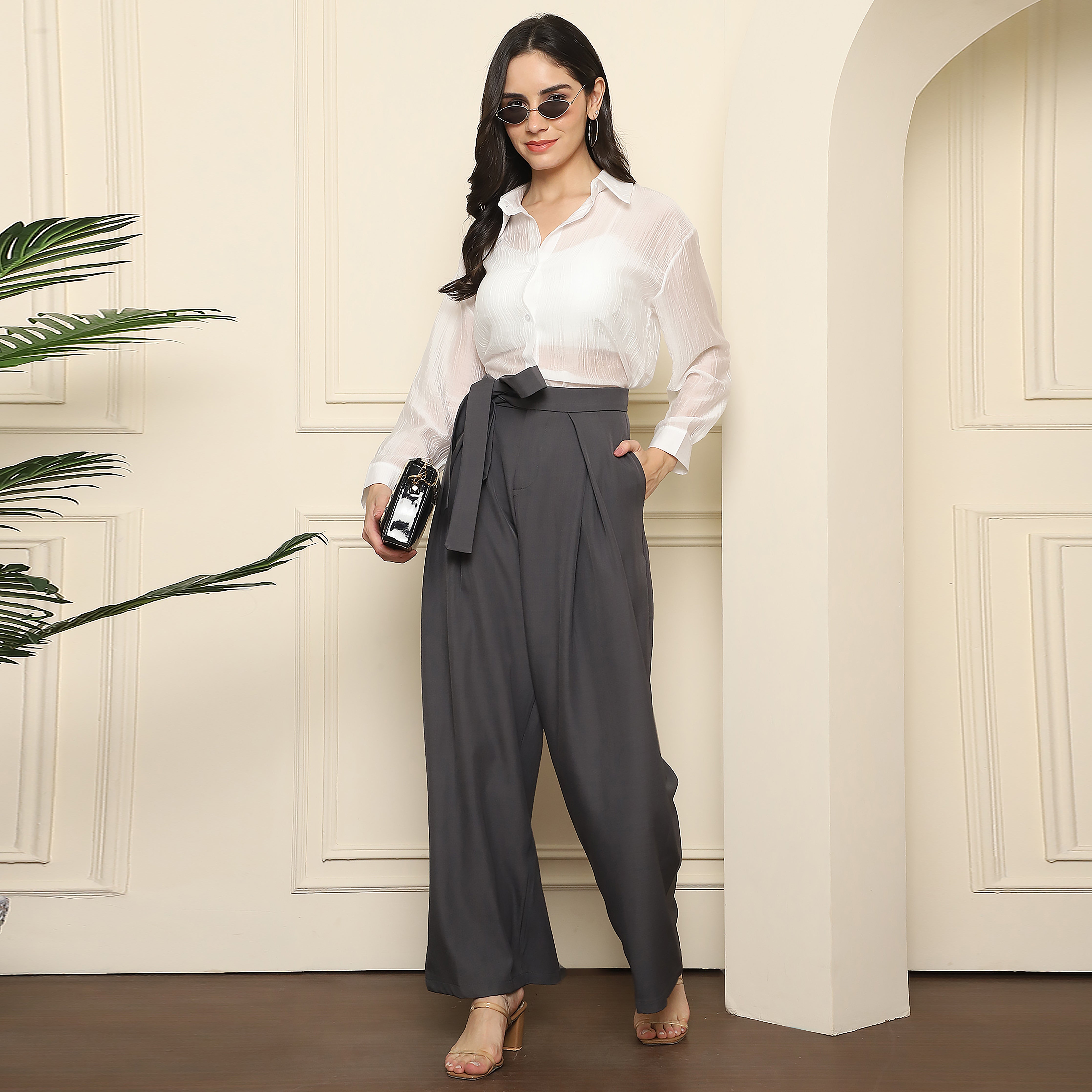 Women's Tailored Pleated Straight Fit Trousers with Self-Tie