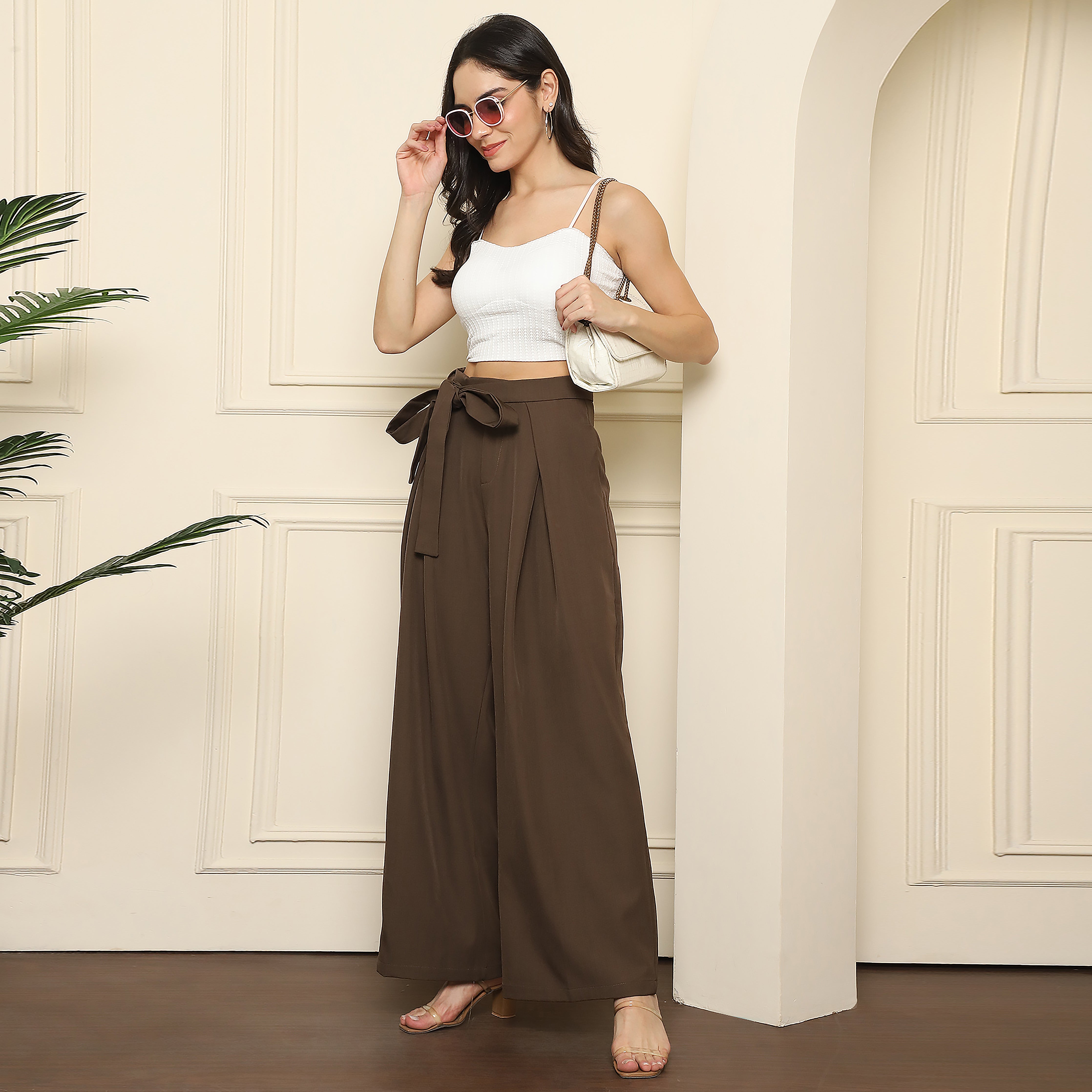 Women's Tailored Pleated Straight Fit Trousers with Self-Tie