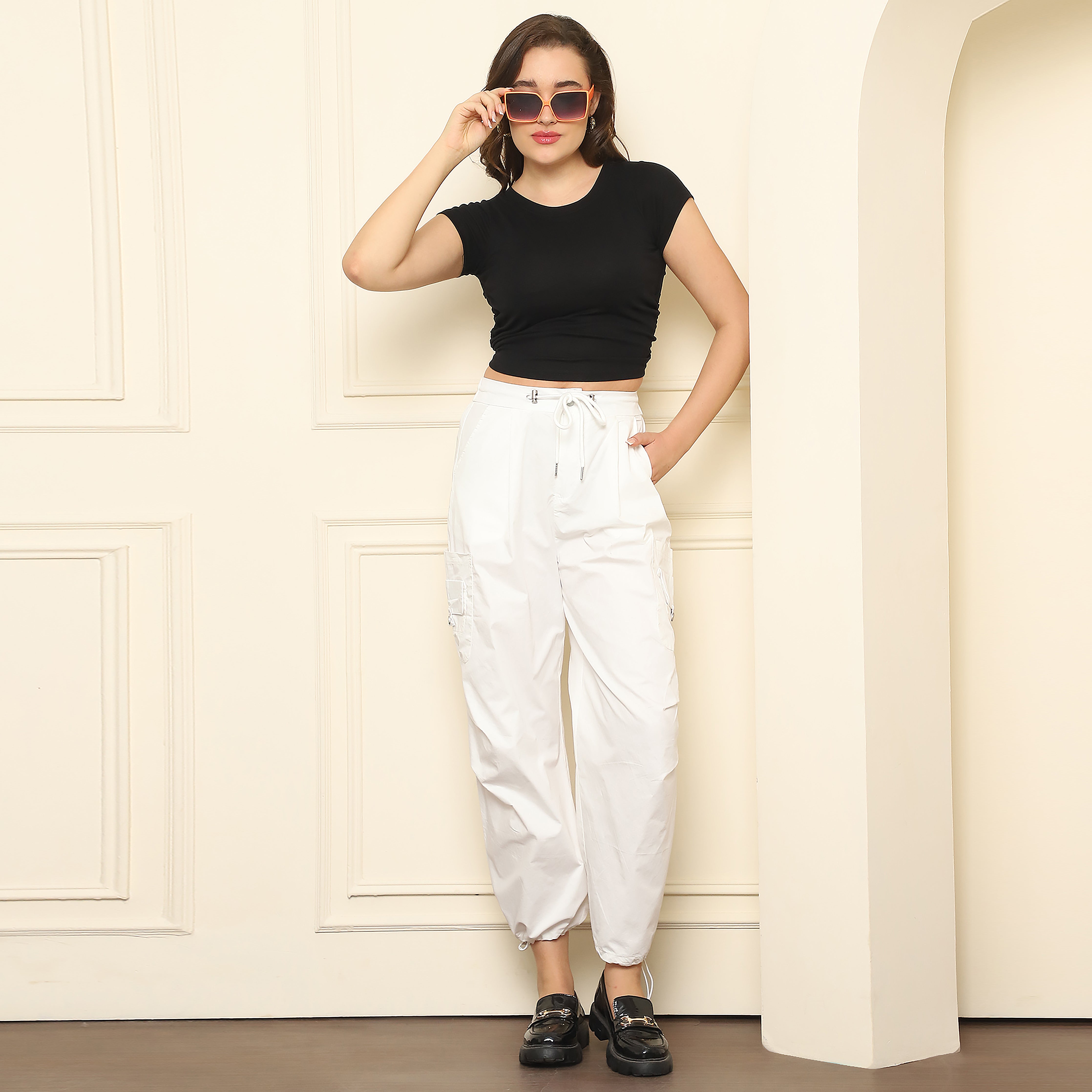 Women's White Cargo Pants - 100% Polyester