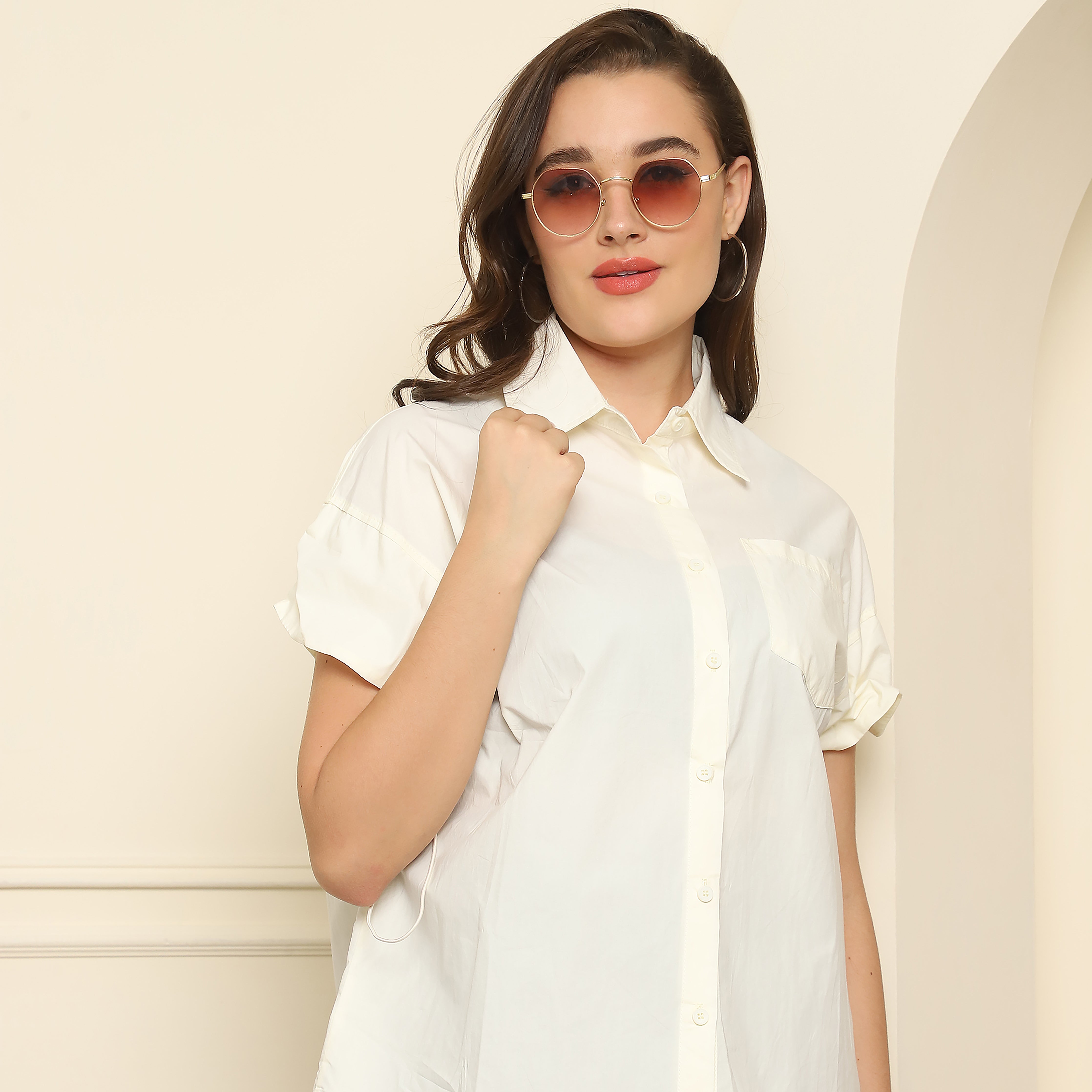 Cream Balloon Sleeve Button-Down Shirt | 100% Cotton Women's Top (S,M,L,XL)