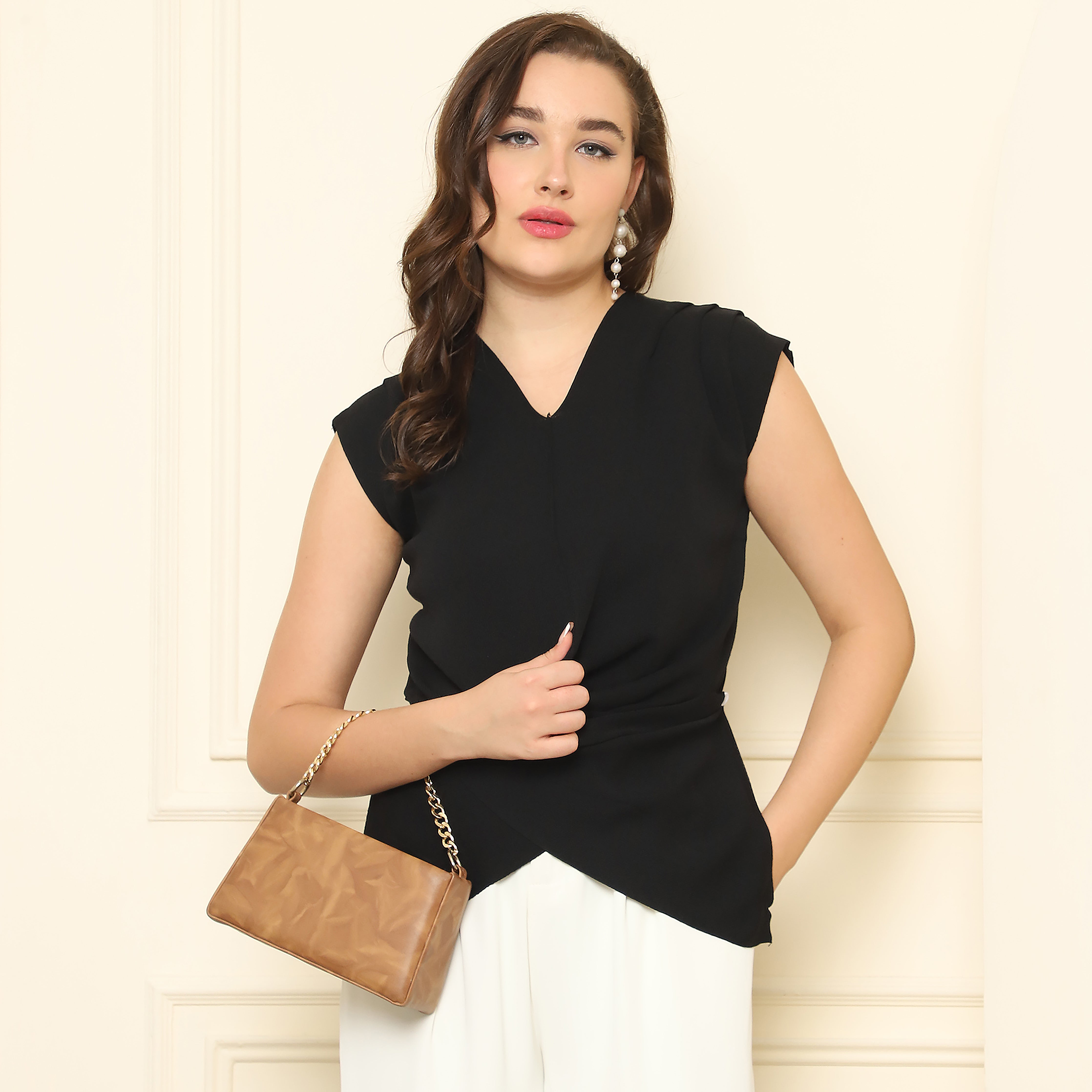 Knitted Wrap-Front Top – Black