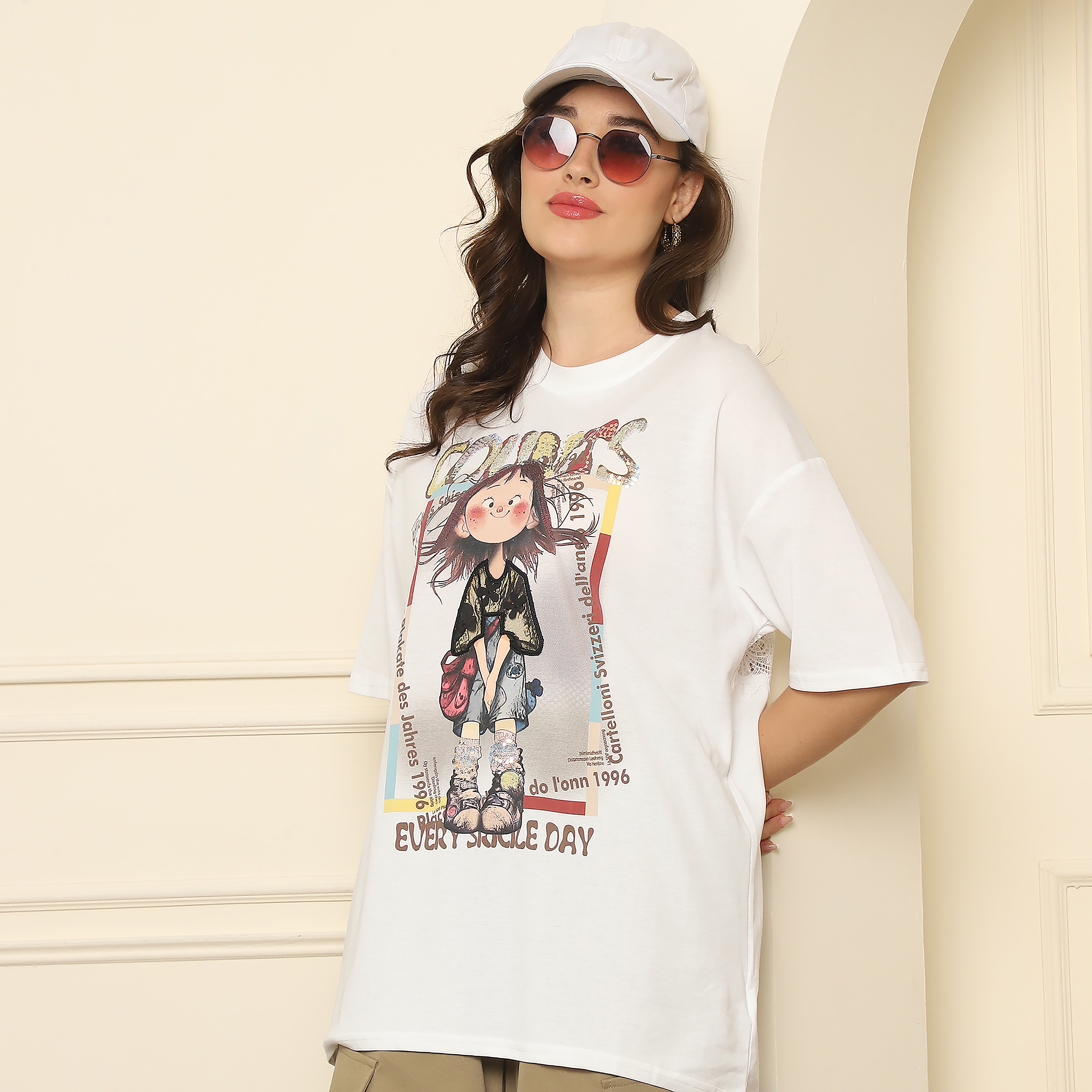 White Oversized Graphic T-Shirt for Women | 100% Cotton Casual Tee | Fun Cartoon Design