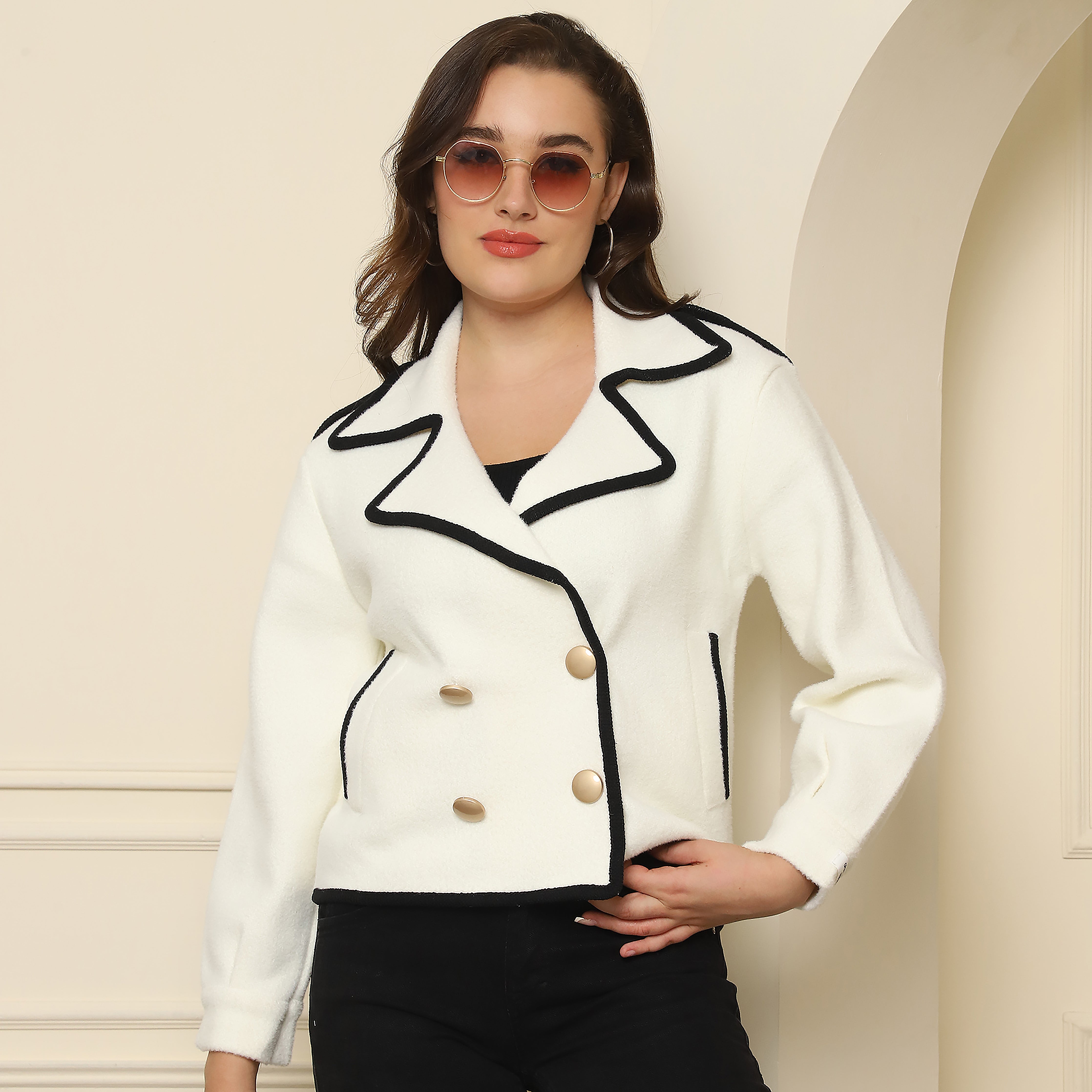 Double-Breasted Lapel Collar Coat - Off White