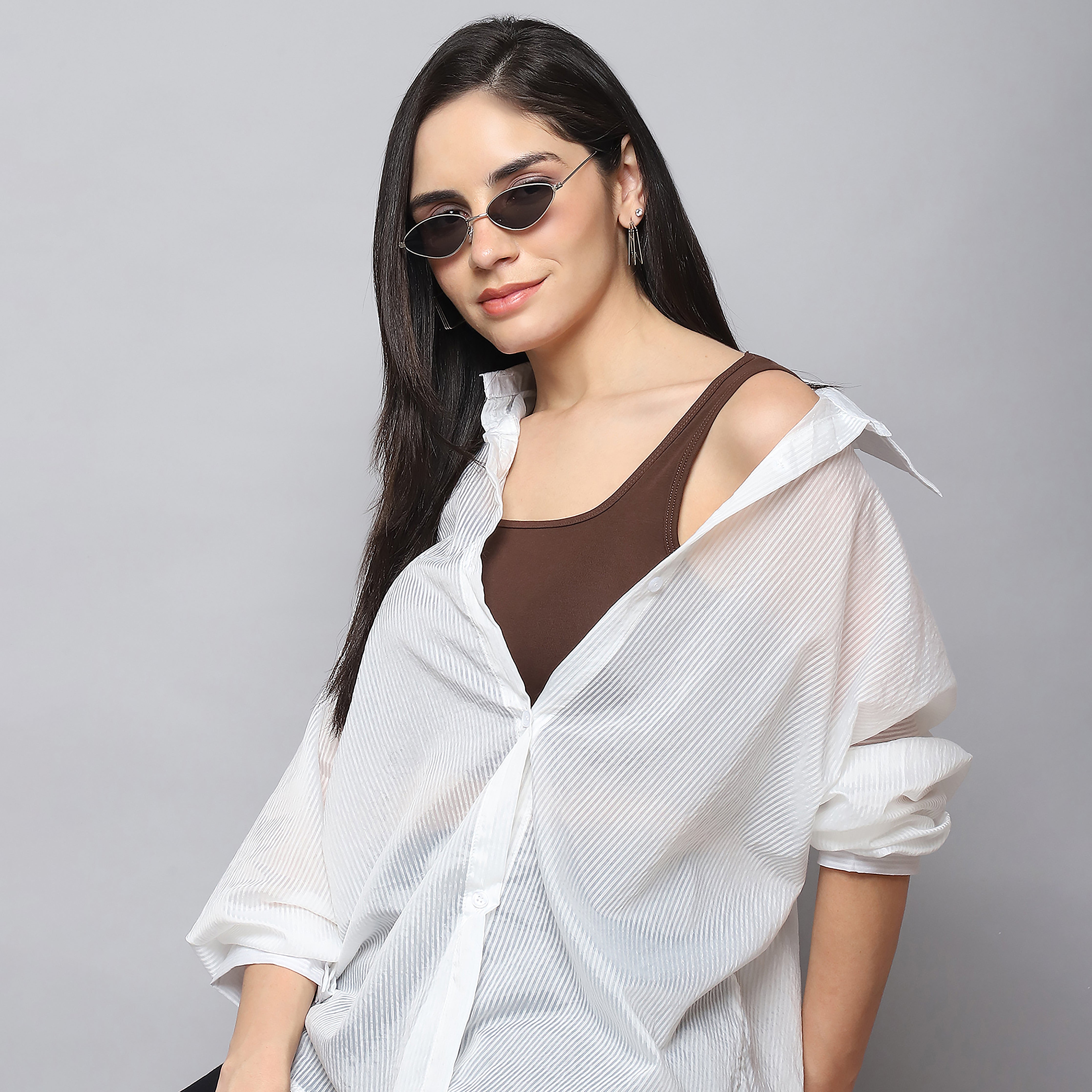 Women's White Sheer Self-Striped Shirt