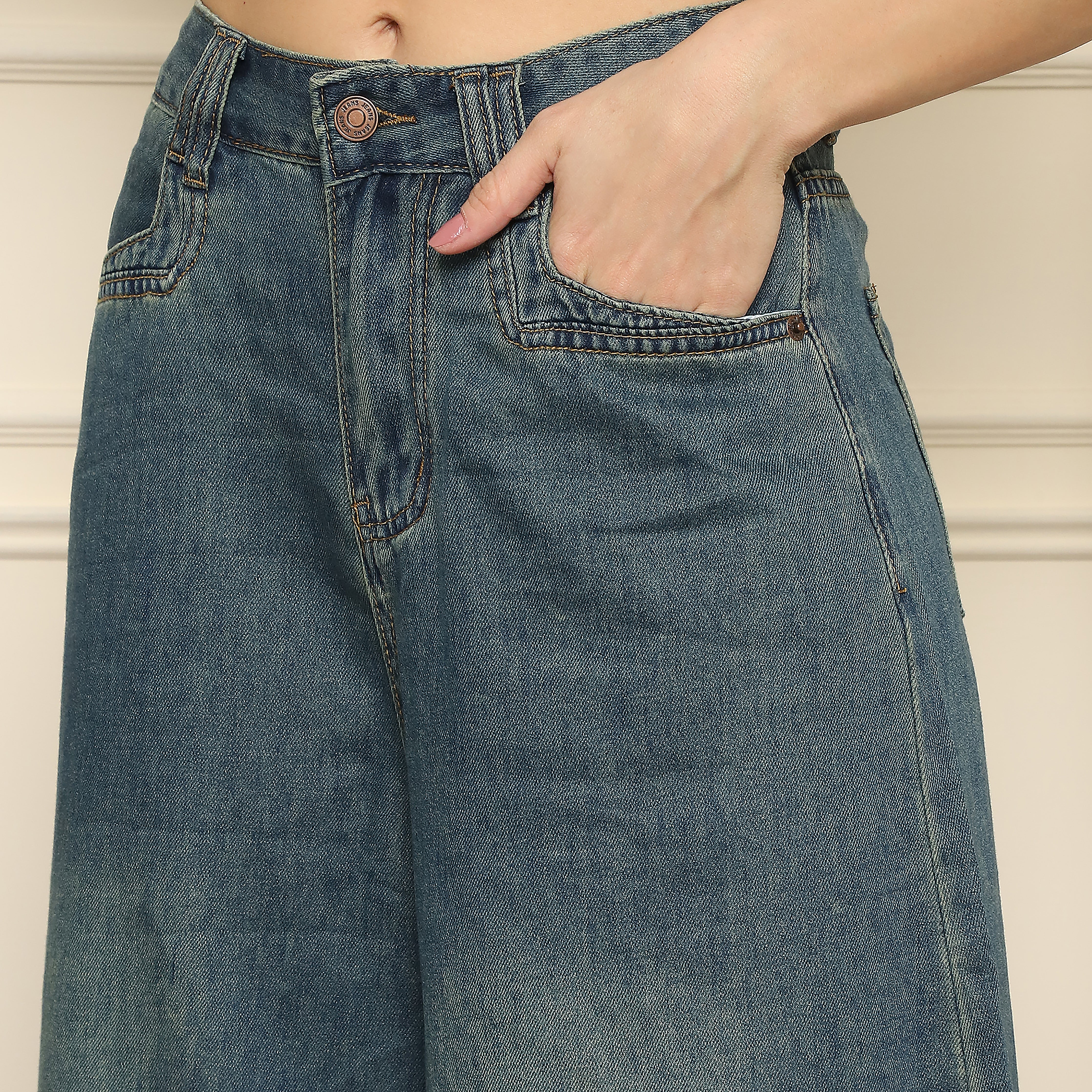 Flared Blue Washed Denim with Belt